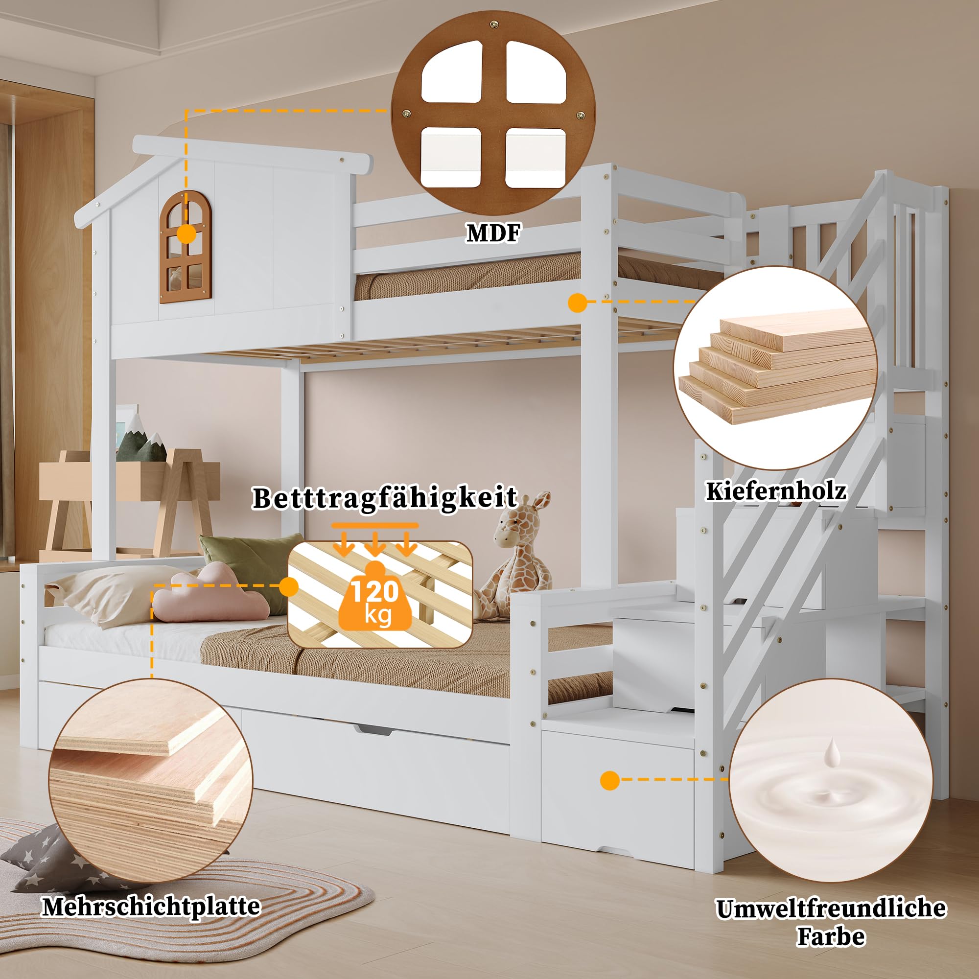 Kinderbett Bett 90x200 & 120x200 cm Etagenbett 2 Kinder, Hochbett mit Stauraum Treppe, Hausbett mit Stauraum 2 Schubladen, Holzbett Kinderbett mit Rausfallschutz, Ohne Matratze, Weiß