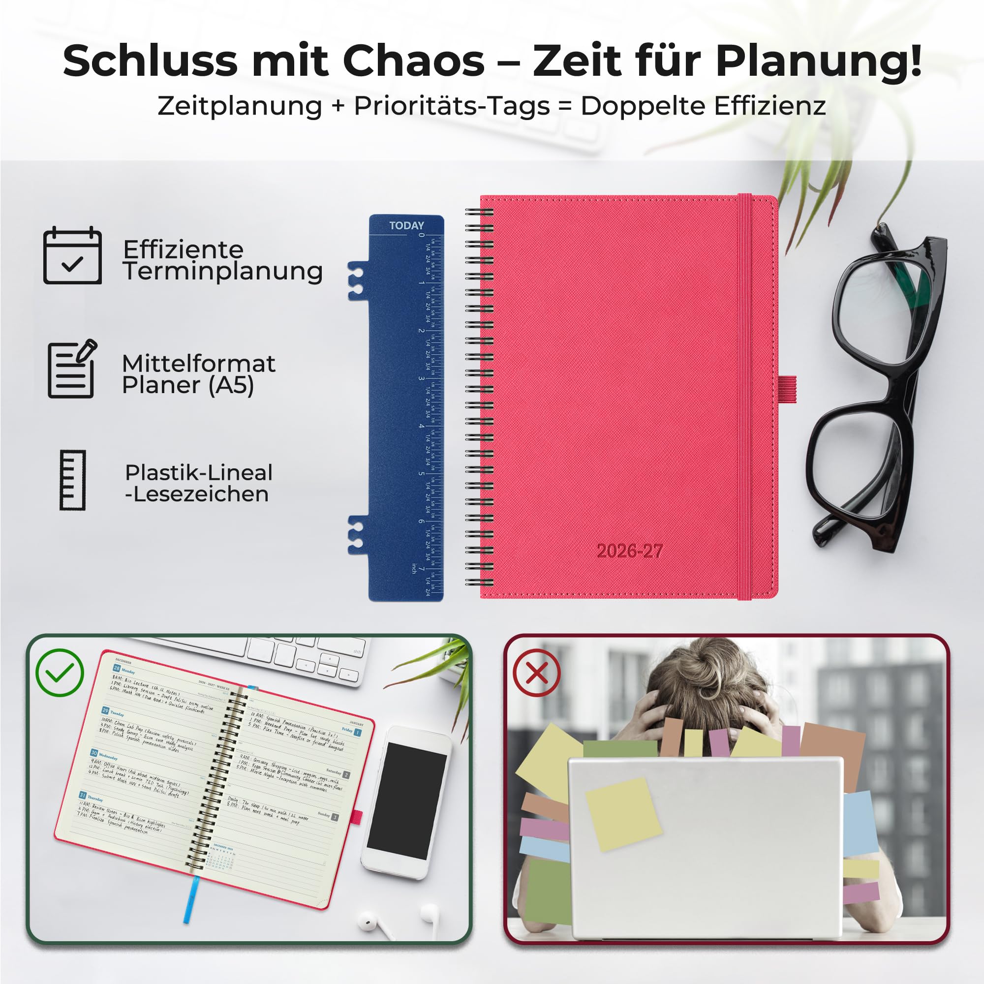Kalender 2026 2027 Wochenplaner,A5(21,9x 16,2cm),18-Monate Buchkalender (Jul.2026-Dez.2027) Ringbuch mit Softcover,wochenkalender mit selbstklebendem Stifthalter,Rosenrot,Querformat.