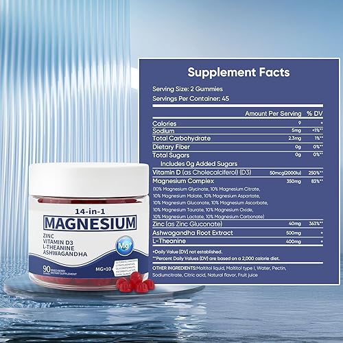 Miniatura 3 de Gomitas de magnesio YouthRestore 14 en 1 con Ashwagandha, L-teanina, D3 y zinc, suplementos de cortisol para mujeres, gomitas veganas sin azúcar con