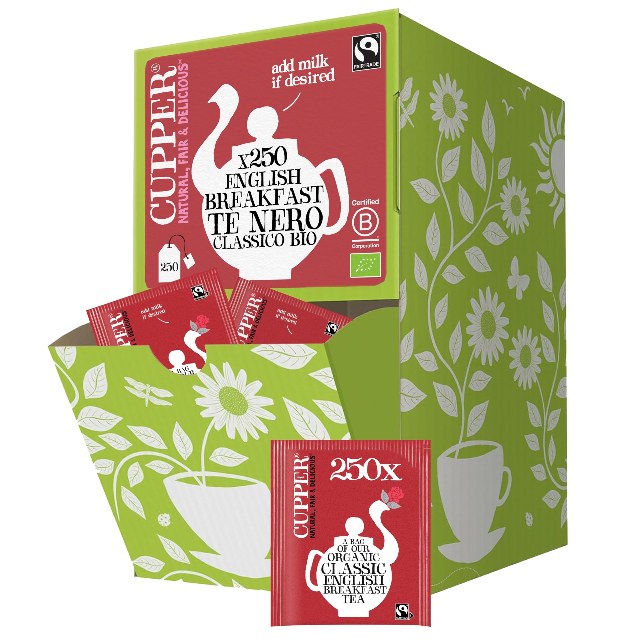 CUPPER Tè Classico English Breakfast Bio, Biologico e Fairtrade, Formato Convenienza per Casa, Ufficio e Catering, con Filtri 100% Biodegradabili e Non Sbiancati, Confezione Maxi da 250 Bustine | Tè nero potente, privo di plastica e non sbiancato, perfett