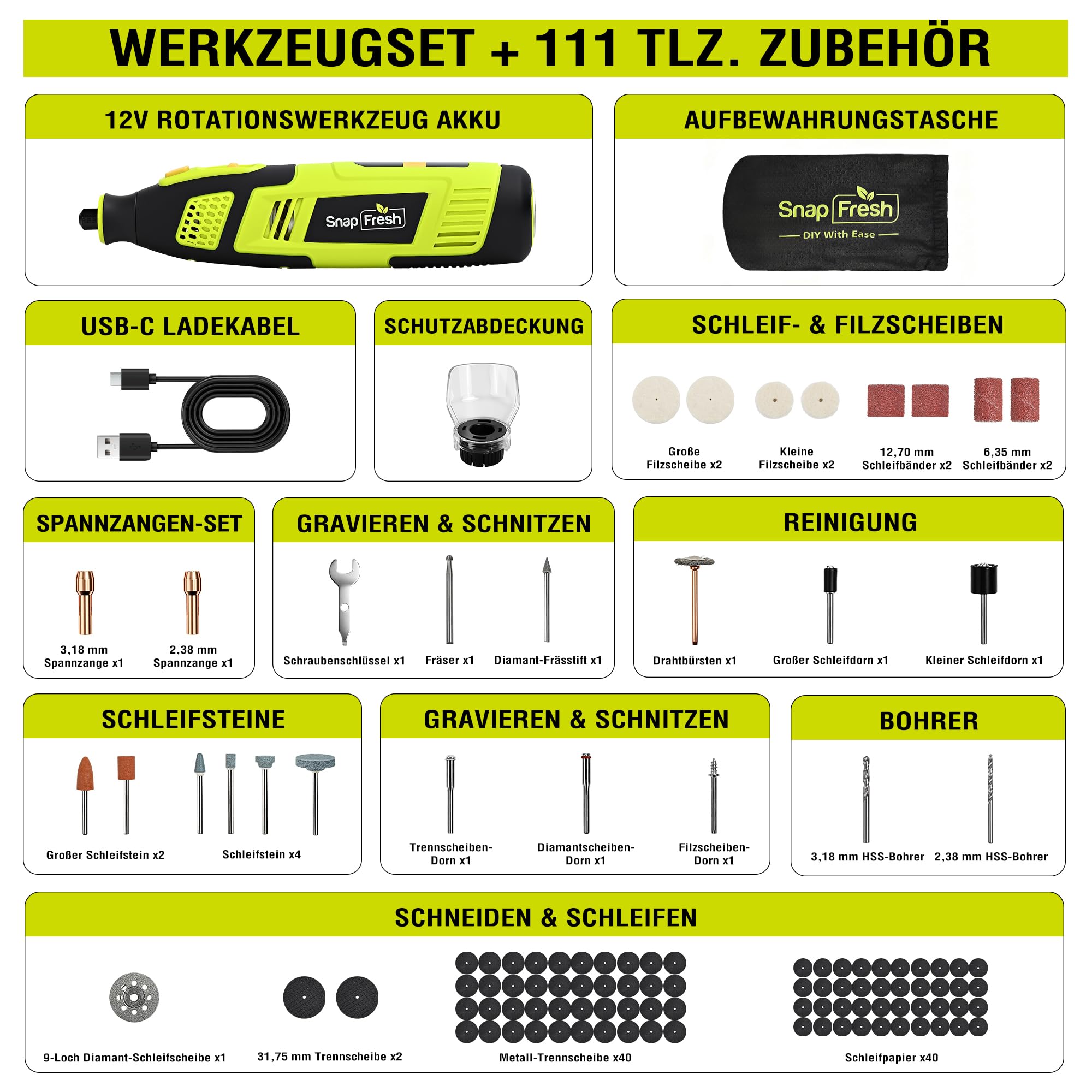 SnapFresh Akku-Rotationswerkzeug 12V Set mit 111 Zubehörteilen, variable Drehzahl 5.000–32.000 U/min, digitales Display & Drehzahlspeicher, zum Schleifen, Gravieren, Polieren & Bohren