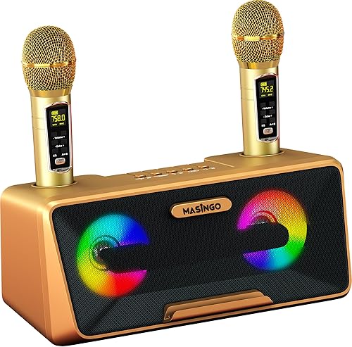 MASINGO máquina de karaoke para adultos y niños con altavoces Bluetooth portátiles 2micrófonos inalámbricos luces LED sistema PA y modo karaoke de