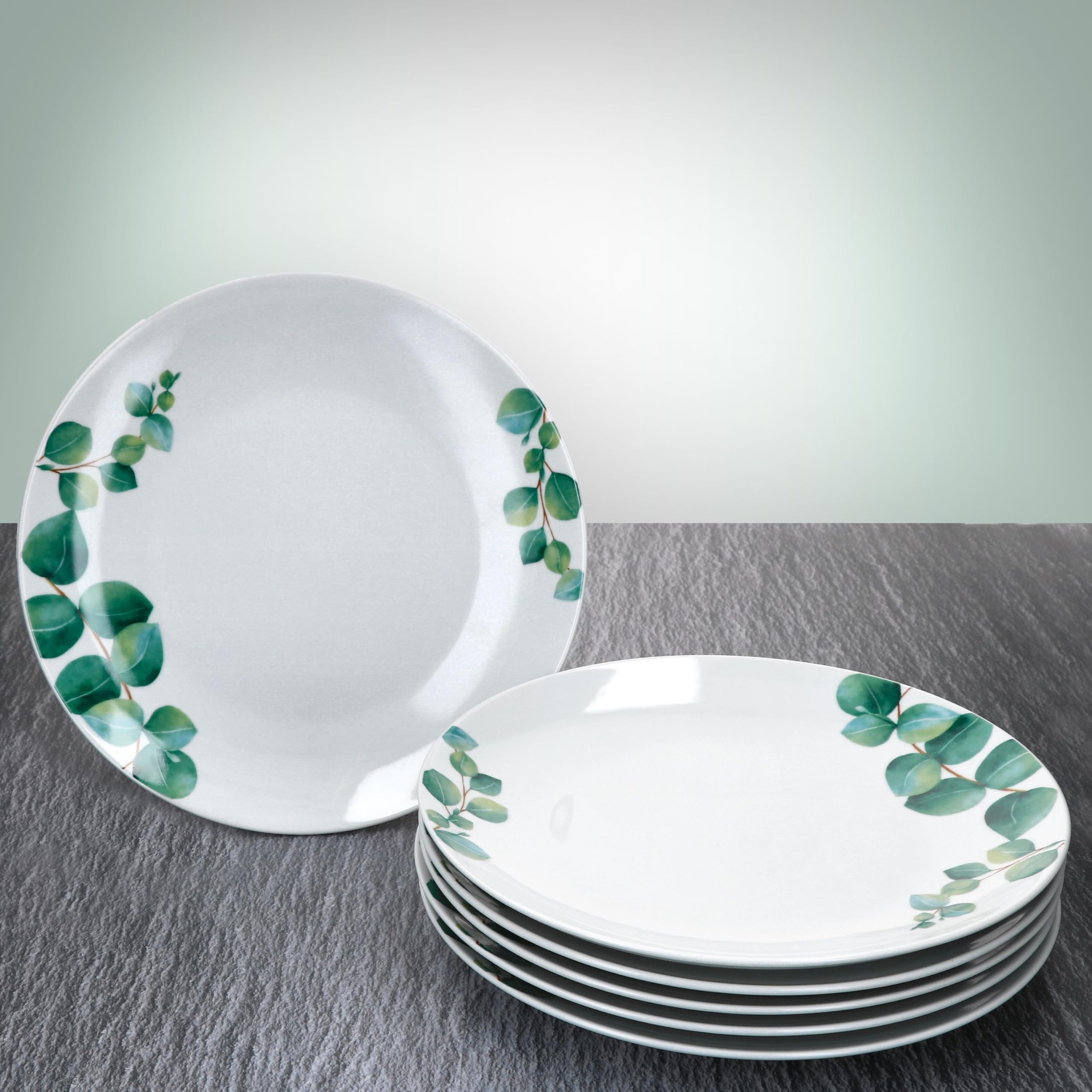 MamboCat Lot de 6 assiettes plates en eucalyptus I Ø 27 cm I Assiettes en porcelaine blanche pour 6 personnes avec décor de plantes vertes I Grandes assiettes pour le petit déjeuner, le midi, le café