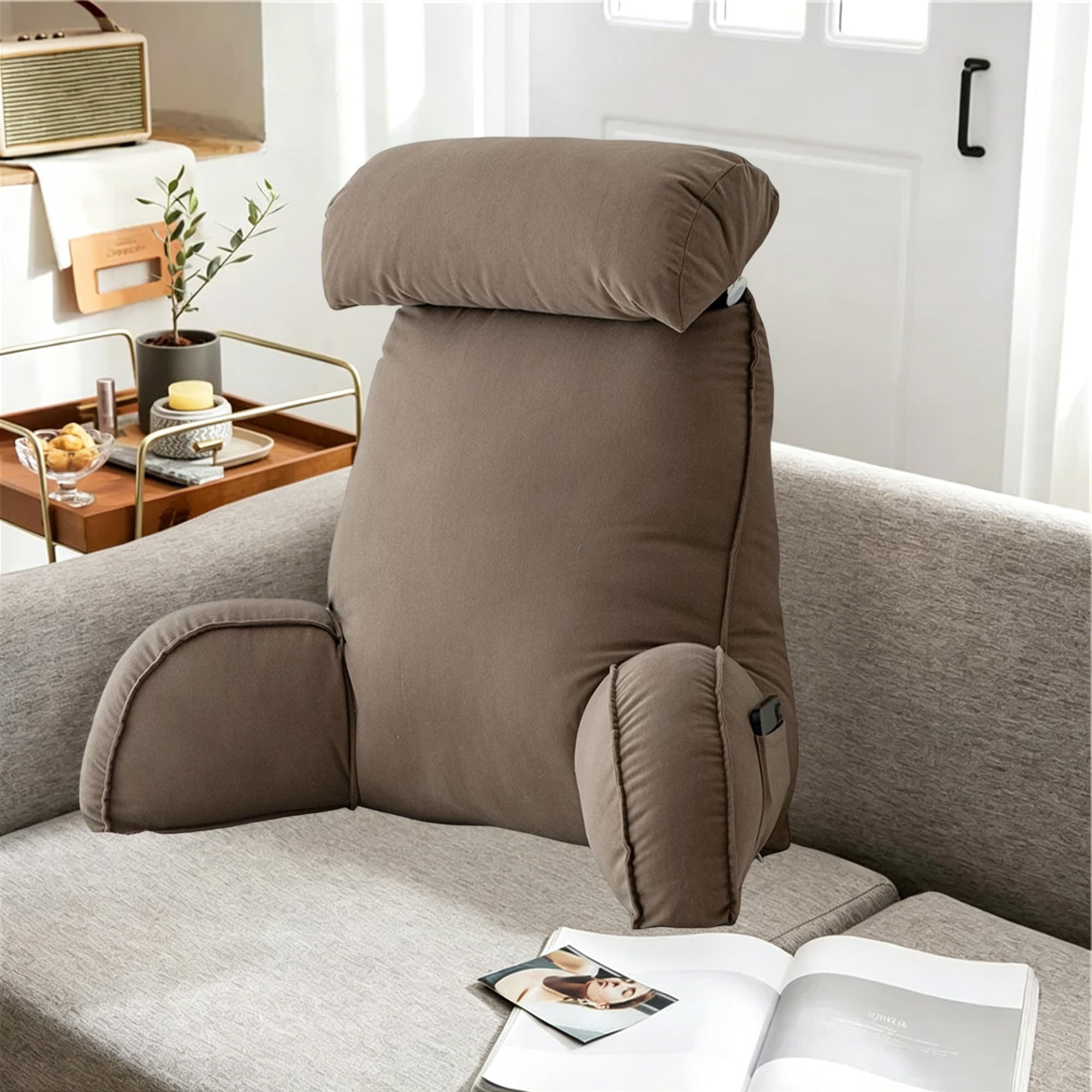 Hruile Brown Large Backrest Pillow For Bed, Reading Pillow For Sitting In Couch Adult, Back Lumbar Support Cushion, Cuddle Cushion With Detachable Neck Roll & Support Arm (75×40×55Cm,)