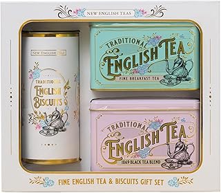 Vintage Victorian Tea & Biscuits Gift Set with 80 Fine English Teabags, 2 Tea Caddies and Luxury Cornish Biscuits