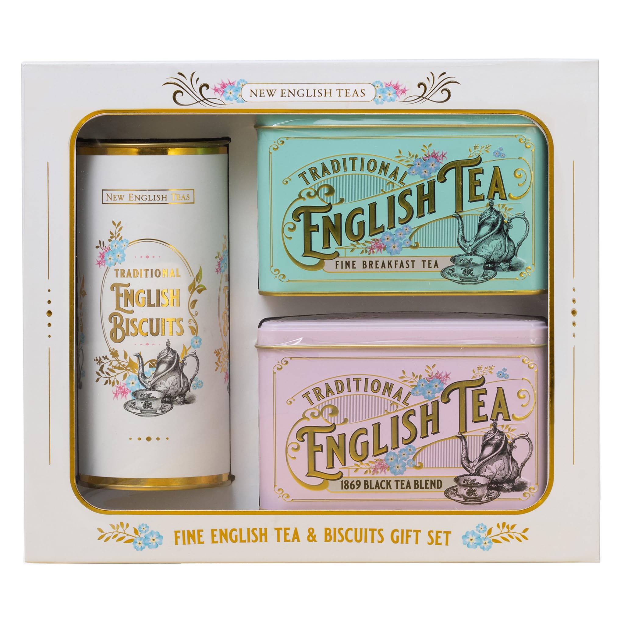 New English Teas Vintage Victorian Tea & Biscuits Gift Set with 80 Fine English Teabags, 2 Tea Caddies and Luxury Cornish Biscuits