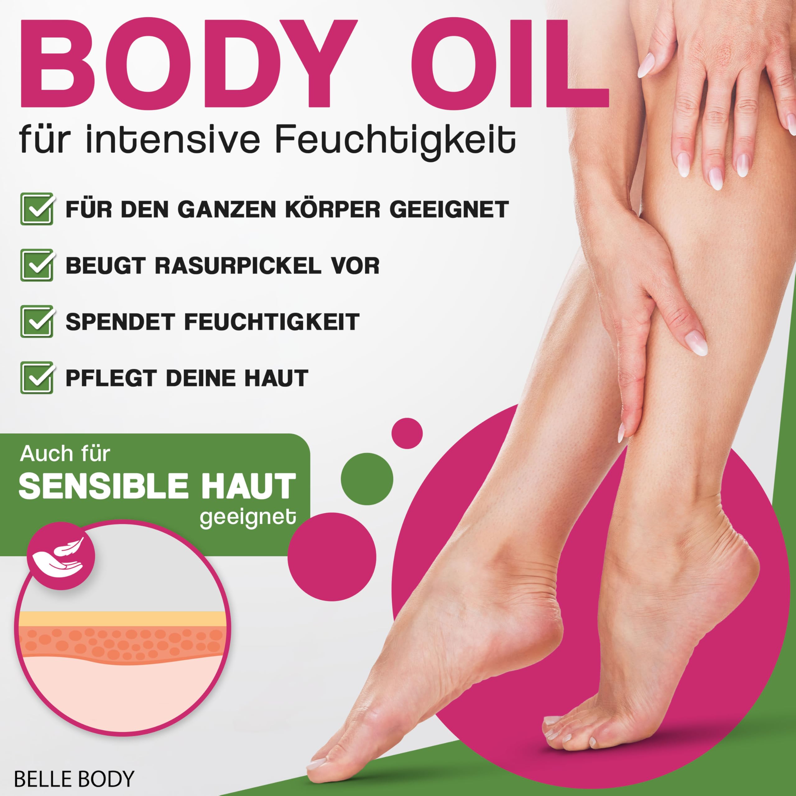 Belle Body Pflegendes Body Oil 1x50ml – Beruhigendes Körperöl nach Rasur & Haarentfernung – Mit natürlichen pflanzlichen Ölen - Für Intimbereich, Beine & Körper