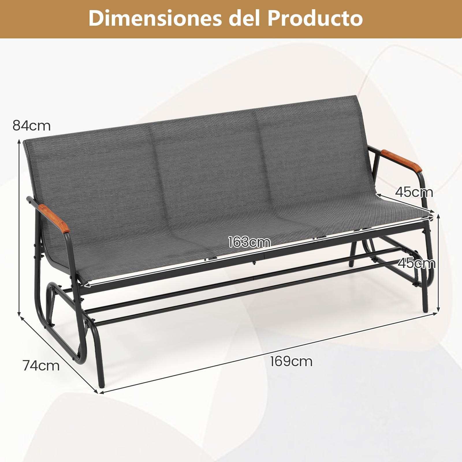 GOPLUS Banco Deslizante de Jardín con Asiento de Tela Transpirable | Silla Balancín para Exterior con Reposabrazos Curvos de Madera de Teca, Terraza y Balcón (169 x 74 x 84 CM)