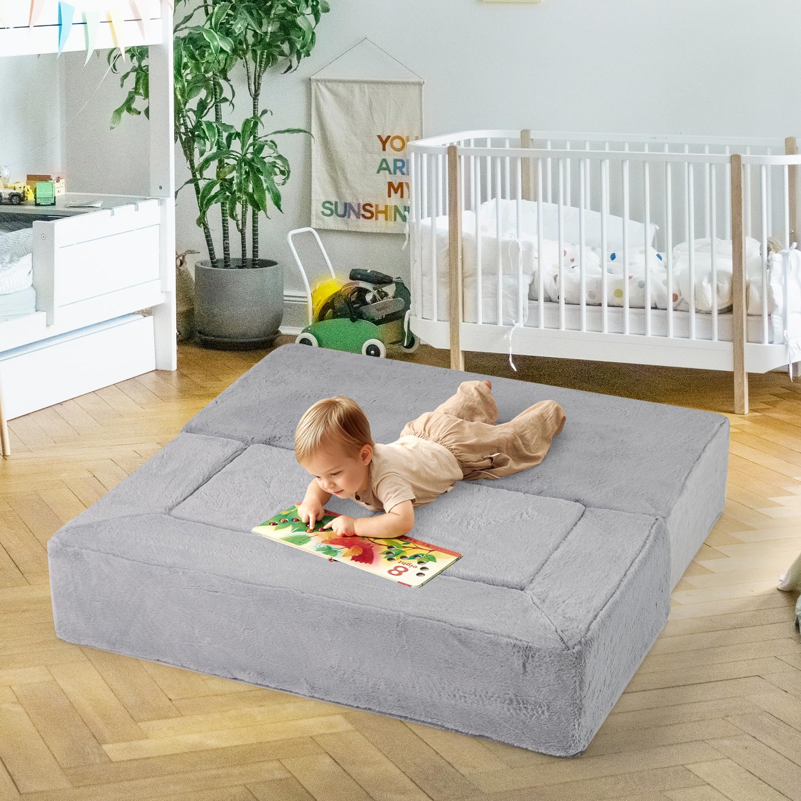 COSTWAY Modulares Kindersofa, Spielsofa aus Schaumstoff mit abnehmbarem Plüschbezug, Ausklappbares Modulsofa für Jungen & Mädchen, Kindersessel für Spielzimmer, Schlafzimmer, Kinderzimmer
