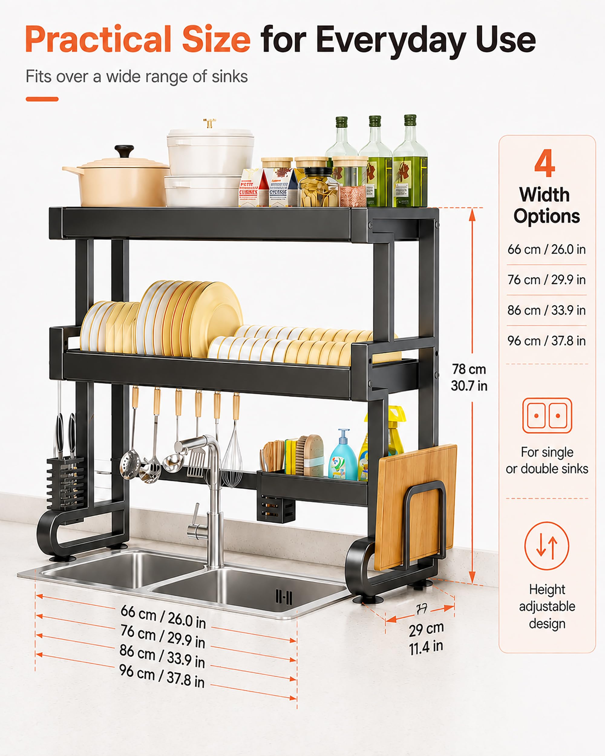 Scolapiatti da sopra Lavello Regolabile a 2 Livelli - Organizzatore Cucina Salvaspazio in Acciaio Carbonio con Drenaggio Automatico, Mobiletto Portapiatti per Piano Lavoro