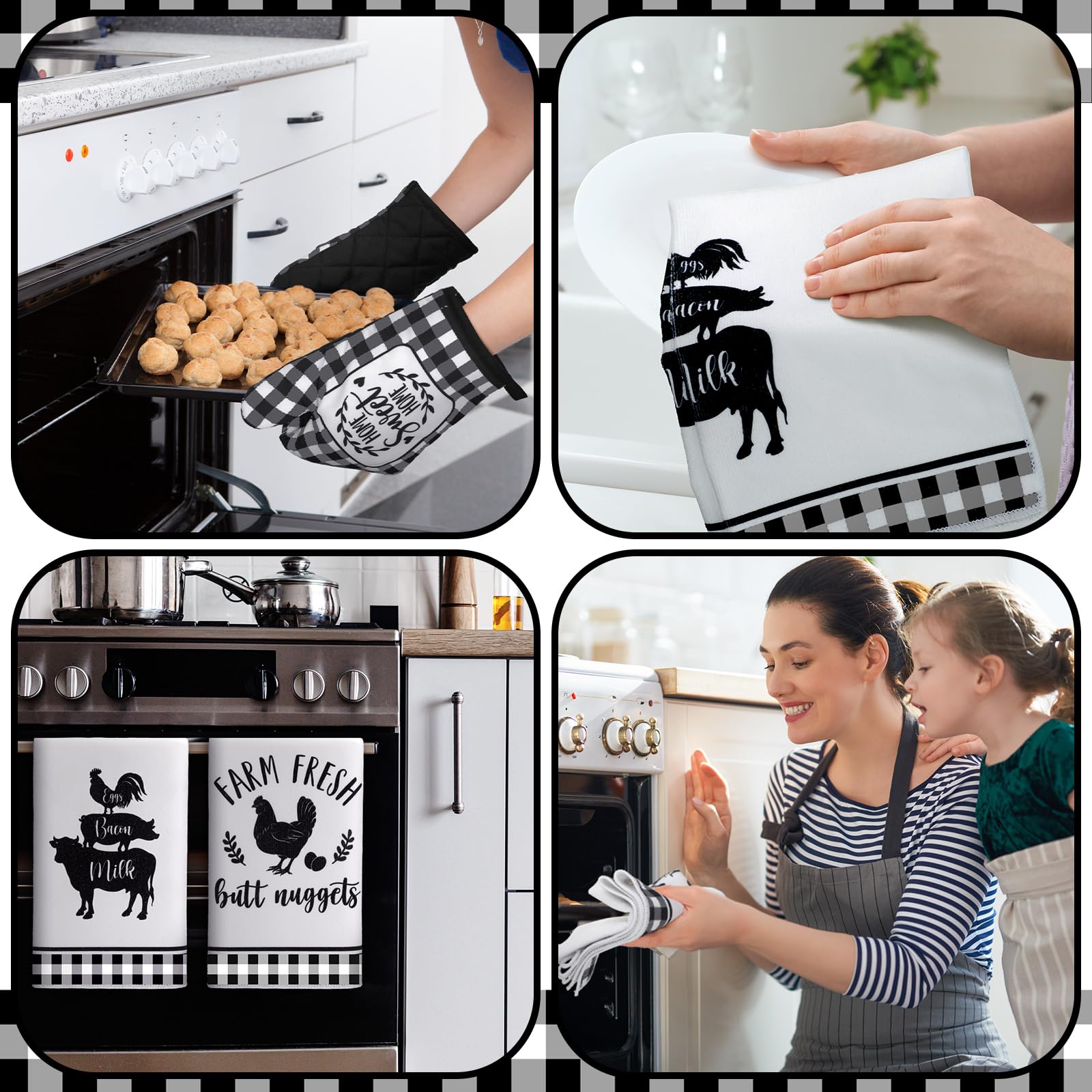 Juego de 6 paños de cocina de mármol de granja, soportes para ollas y guantes de horno, color rosa, blanco y dorado, resistentes al calor, decoración de cocina de animales de granja para 5