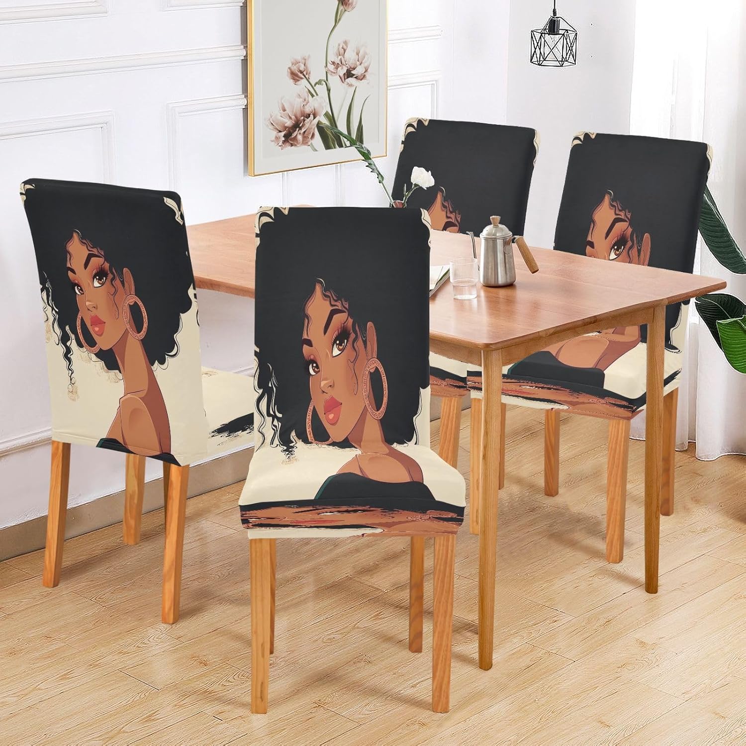 ALAZA Chair Covers for Dining Room, Beautiful Black Afro Woman with Earing Stretch Chair Cover Sets Chair Protector for Formal Dining Celebration
