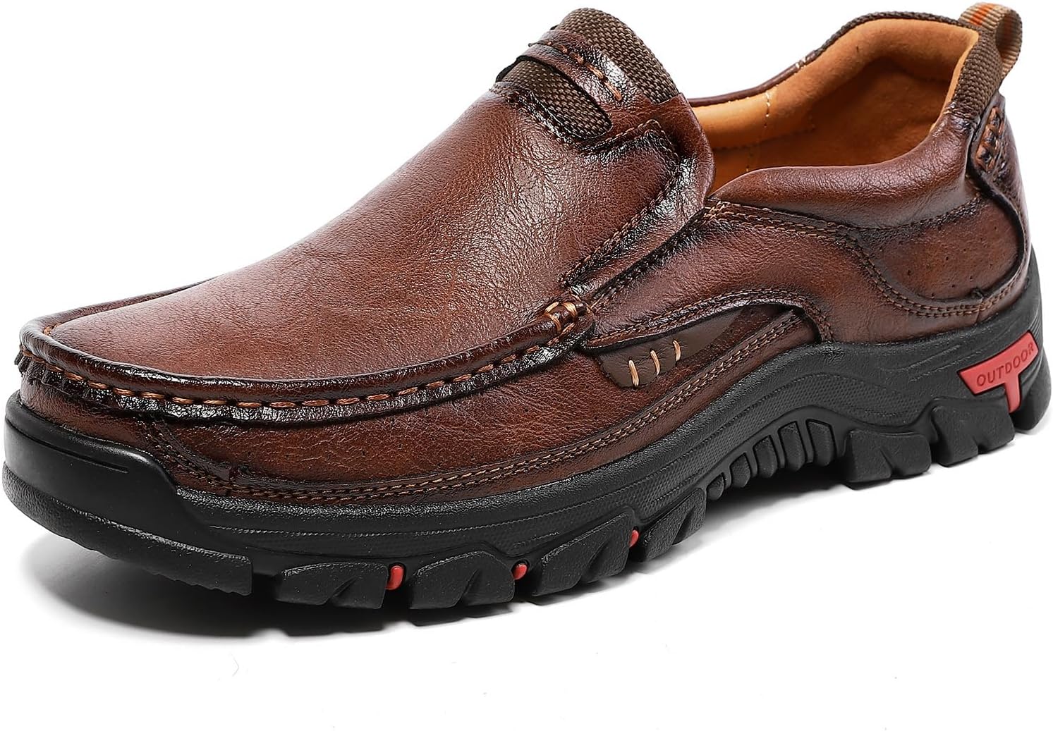 Mens Handmade Leather Slip On Casual Loafers for Men Retro Round Toe Non Slip Breathable Boat Shoes for Driving Walking Business Working Office