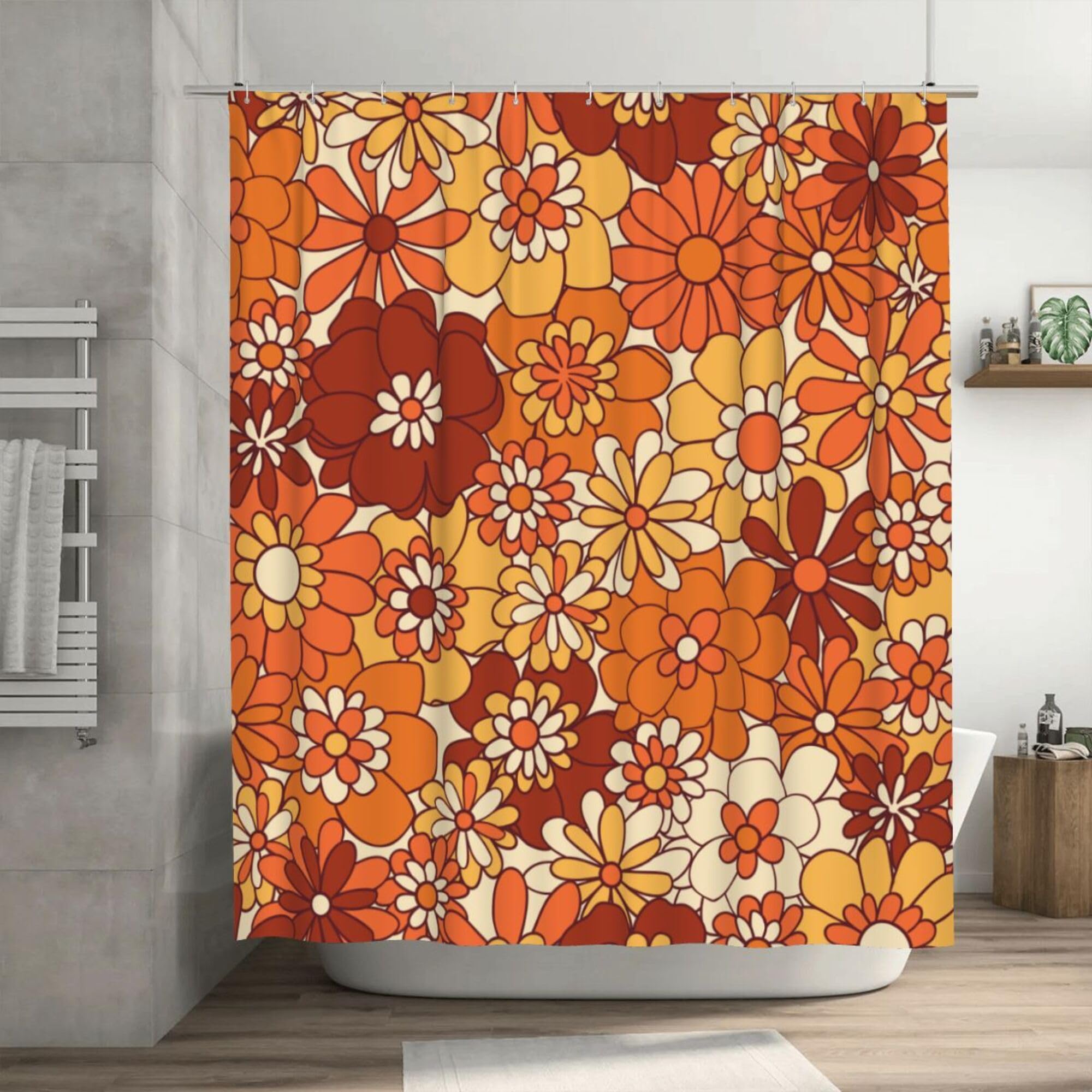 Ohocut Orange Floral Shower Curtain, Retro Boho Shower Curtains for Bathroom Aesthetic, Cute Groovy Flower Bath Curtains, Waterproof Polyester Fabric