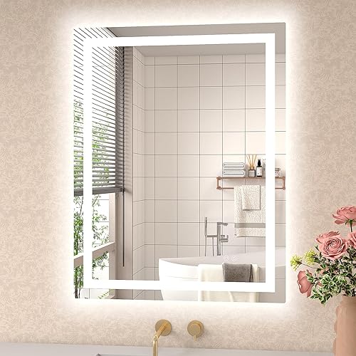 Espejo LED de 36 x 28 pulgadas para baño con tiras LED dobles, espejos iluminados delanteros y retroiluminados para pared de baño, 3 colores y