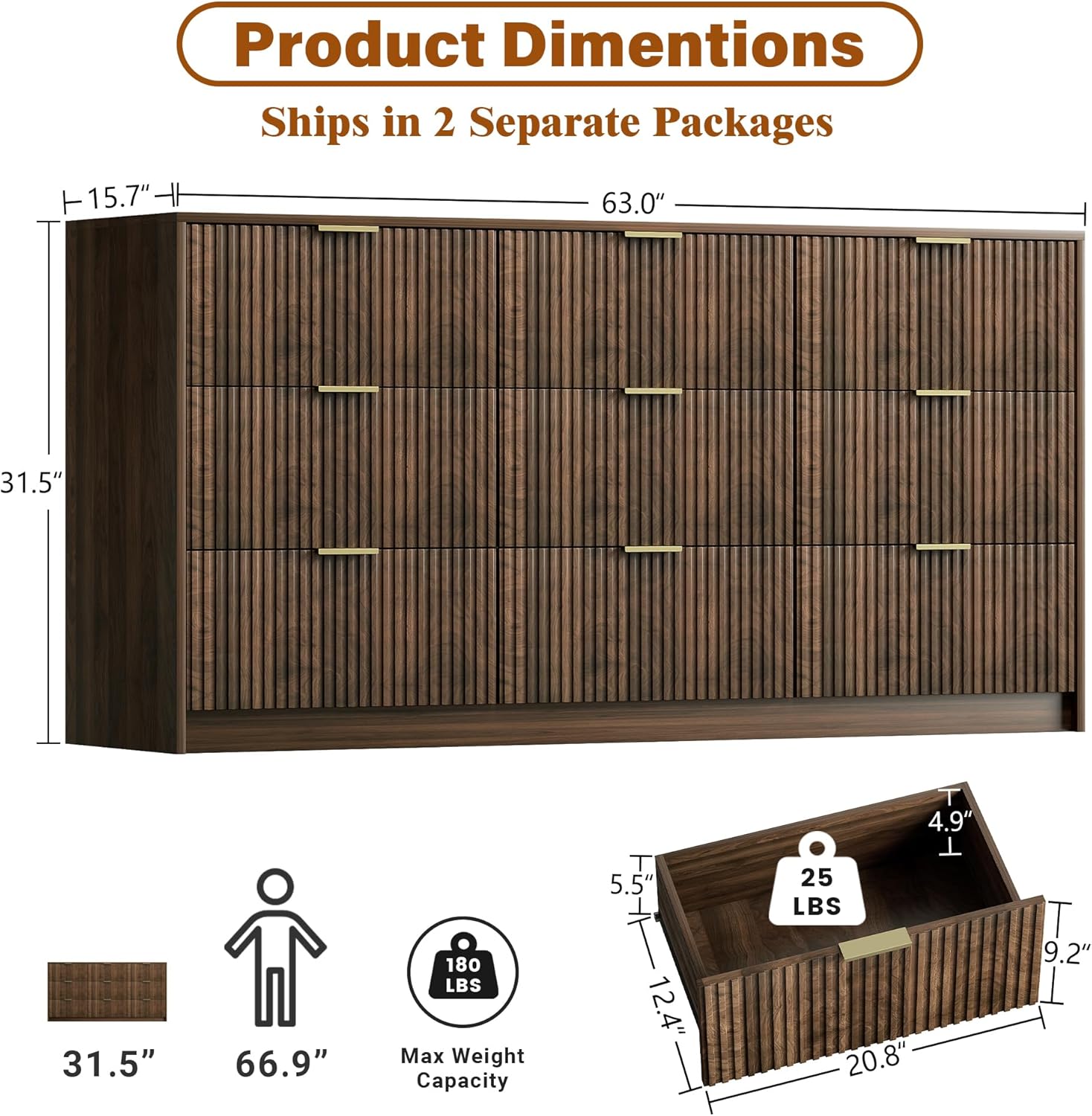 Furniway Walnut Dresser for Bedroom, Modern Dresser with 9 Drawers and Smooth Slides, Wide Chest of Drawers with Golden Handles for Bedroom, Living Room, Closet, 15.7" D x 63" W x 31.5" H