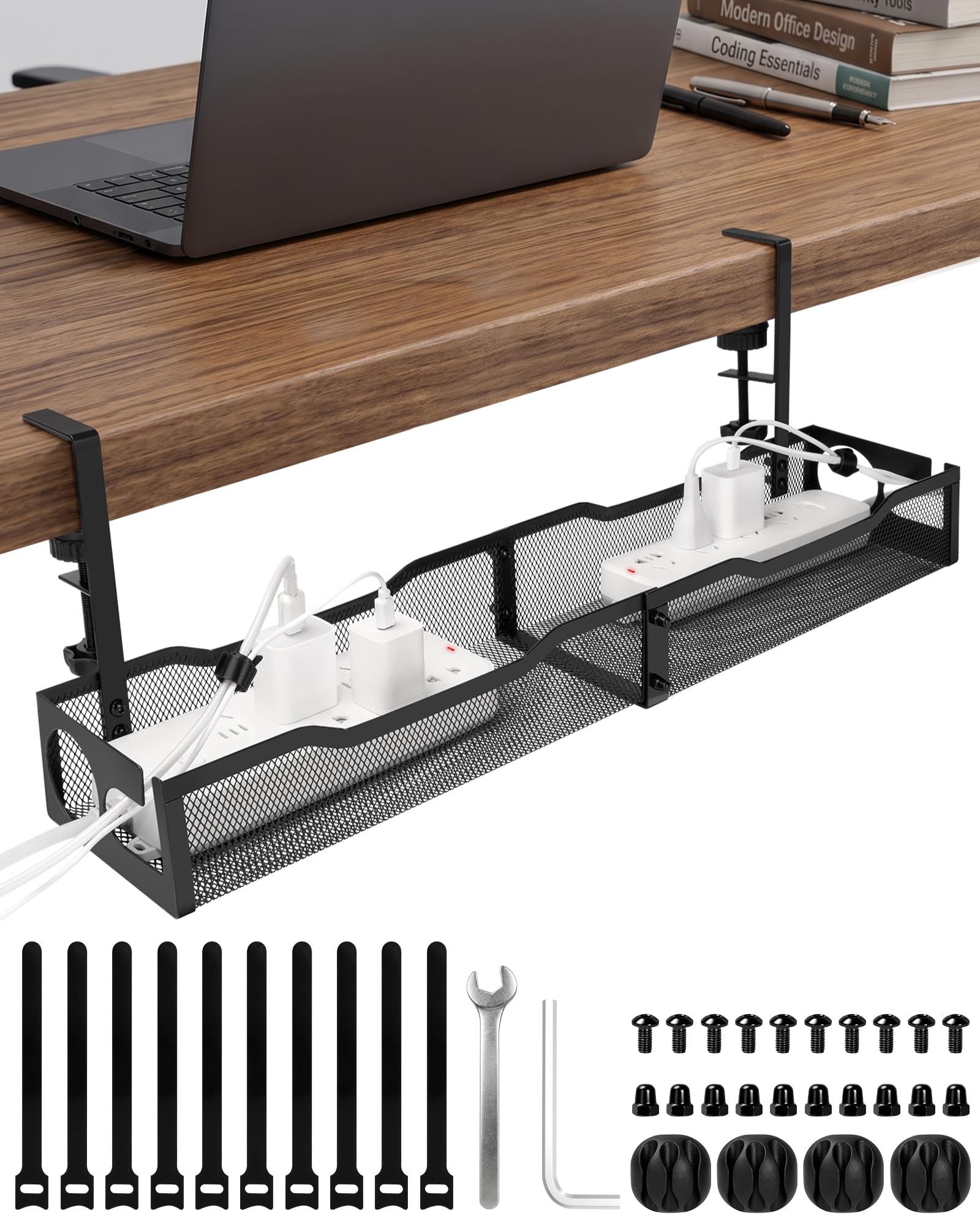 Gestion des câbles sous le bureau, 63,5 cm, organiseur de cordon en métal, noir