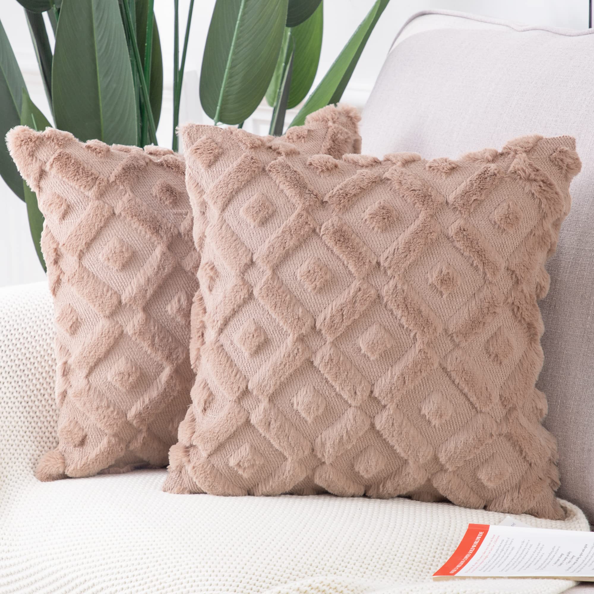 MADIZZ Set of 2 Brown Plush Short Wool Throw Pillow Covers 26x26 Inch Square Super Soft Cozy Decorative