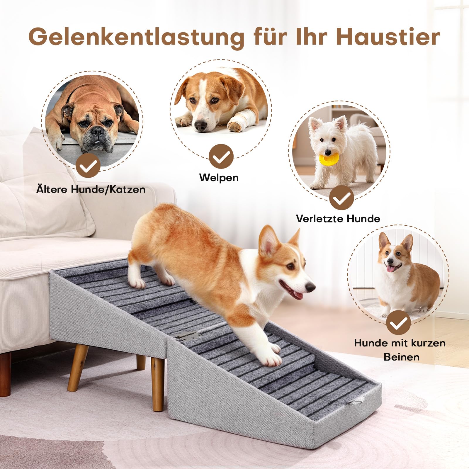 Hunde Treppe für kleine Hunde und Katzen für Couch und Bett, Klappbare 2-in-1 Holz Haustier Schritte für Welpen, Split Ottoman Design (Hellgrau-43,5 cm hoch)