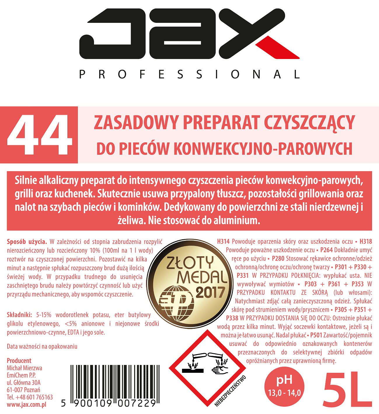 44 5L - ZASADOWY PREPARAT DO CZYSZCZENIA PIECÓW KONWEKCYJNO-PAROWYCH, GRILLI I KUCHENEK do czyszczenia frytkownic, czyszczenia rusztów