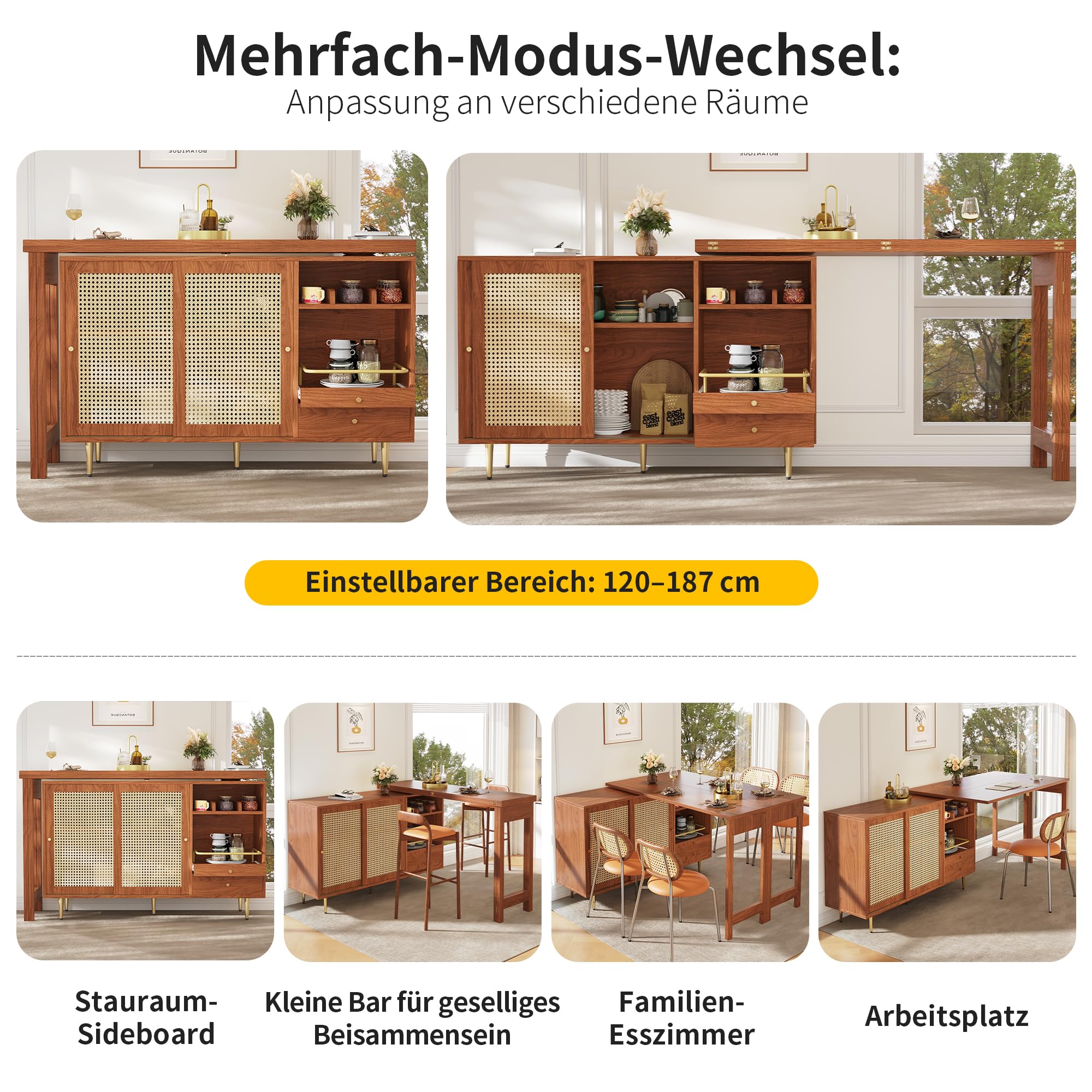 Merax Ausziehbarer Bartisch mit Stauraum, Um 360° drehbarer Stehtisch mit klappbarem Esstisch, schwarzer ausziehbarer Design-Stehtisch, mit Rattantür & Lagerregal, Braun/120-187X80X76CM