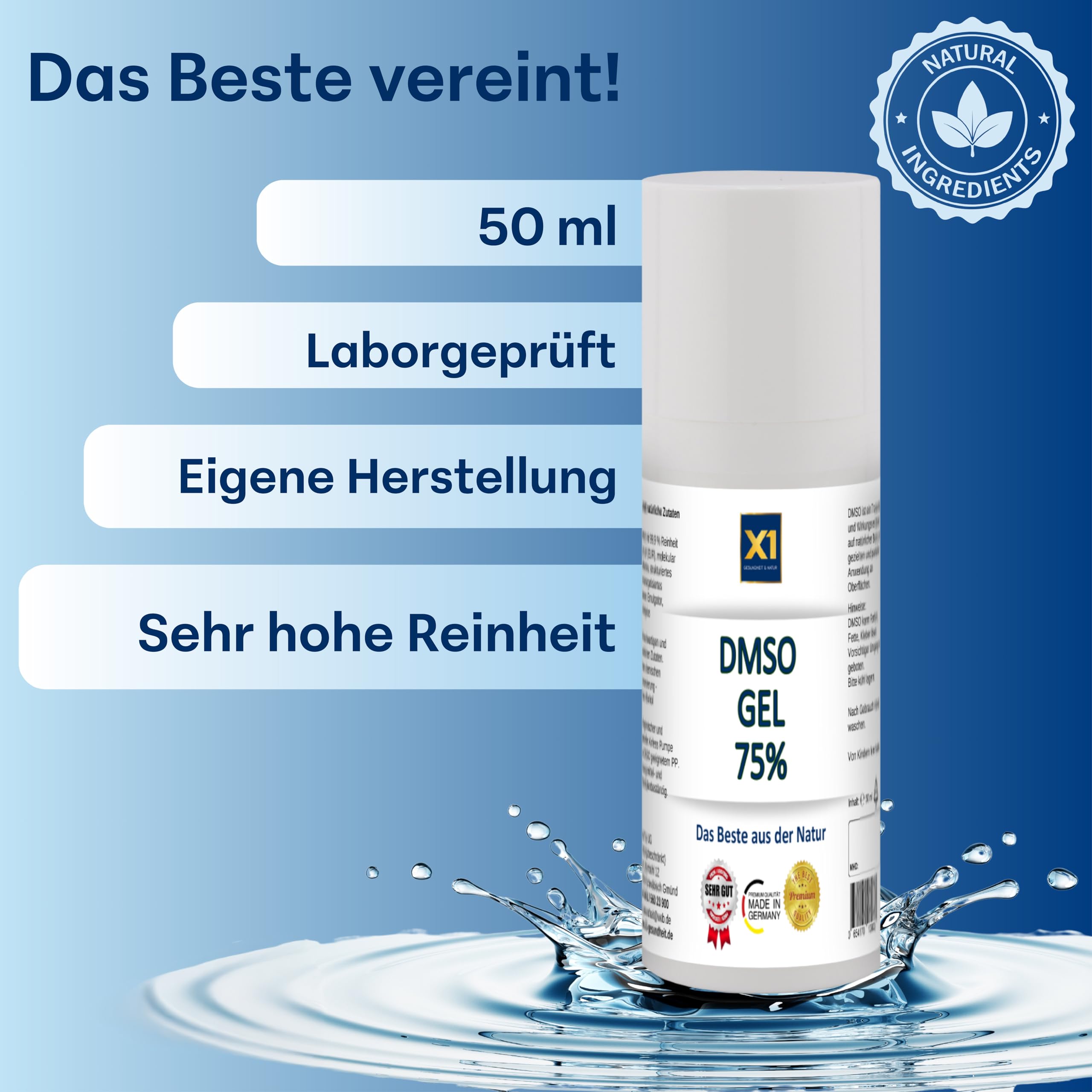 X1 DMSO Gel 75 % – Diméthylsulfoxyde de pureté pharmaceutique à 99,9 % – Tube en polyéthylène haute densité de 50 ml