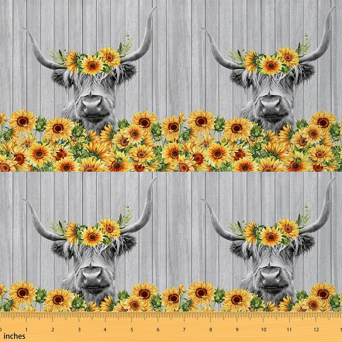 Highland Cow Fabric by The Yard Highland Cattle Sunflower Upholstery Fabric for Chairs Western Decor Farmhouse Waterproof Outdoor Fabric 2 Yards (L184*W150cm)