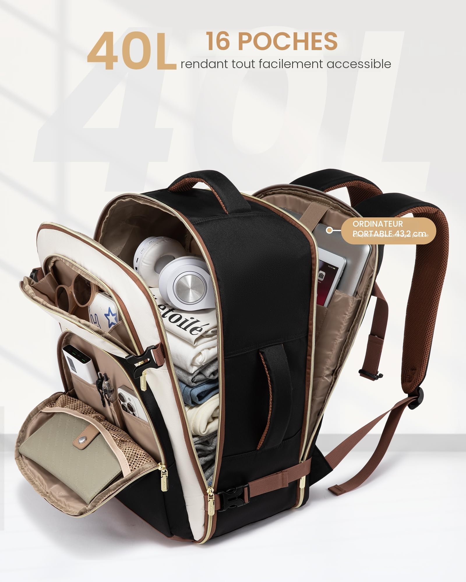 LOVEVOOK Sac a Dos Voyage 40L, Grand Sac à Dos Femme Cabine Avion Bagages Cabine Homme, Antivol Travel Backpack Portable 17 Pouces Imperméable, pour Voyages d'Affaires, Travail, Loisirs et École
