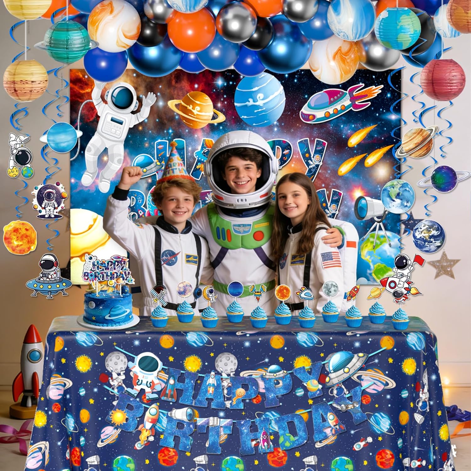 Outer Space Birthday Party Decorations, Space Themed Party Decorations, Space Party Decorations Includes Banner Backdrop Tablecloth Cake Topper Balloon Garland Kit for Space Astronaut Birthday Decor