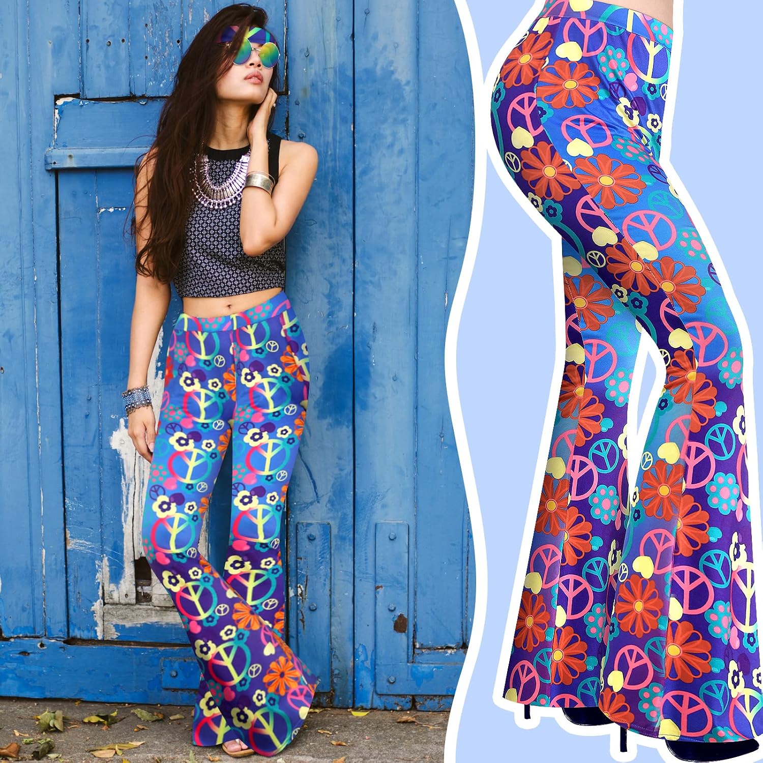 Tisancy 3 Pcs 60s 70s Outfit for Women Hippie Costume Set Disco Flared Pants Groovy Outfit Party Accessories