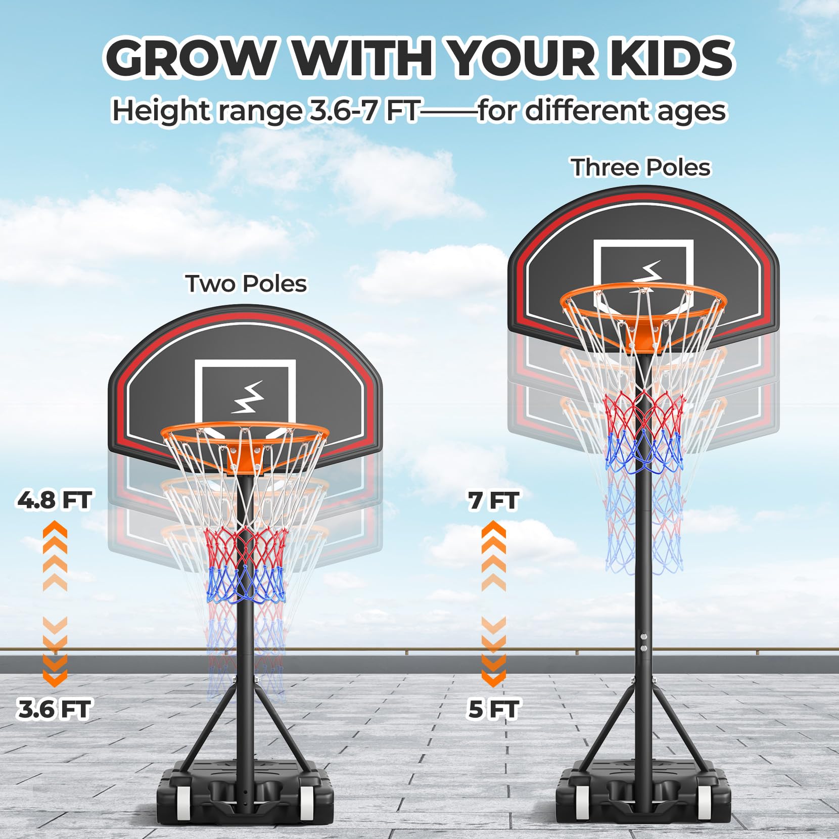 YOLEO Canestro Basket Esterno Bambini, Regolabile 160-210 cm, Canestro da Basket Net System su Ruote