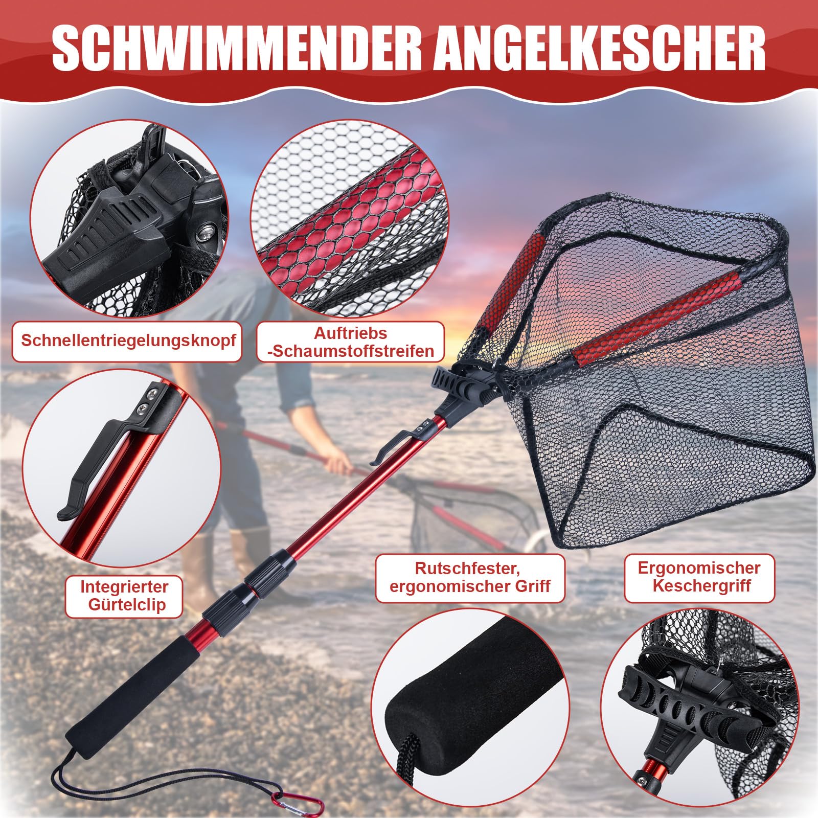 Goture Retino da pesca telescopico con design galleggiante NBR, retino pieghevole con rete in PVC rivestita in gomma, asta estraibile 42,5 – 112 cm, per trota pesce persico, luccio