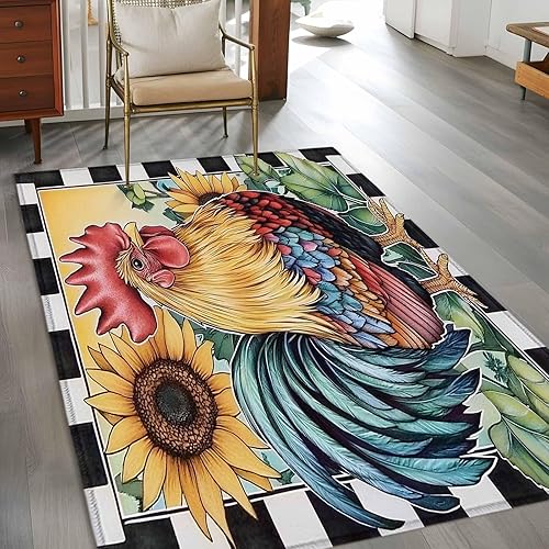 Miniatura 3 de 4x6 Area Rugs, Retro Sunflower Rooster Non-Skid Rubber Backing Large Rectangle Rugs - Living Room Bedroom Home Office, Farmhouse Watercolor Plaid