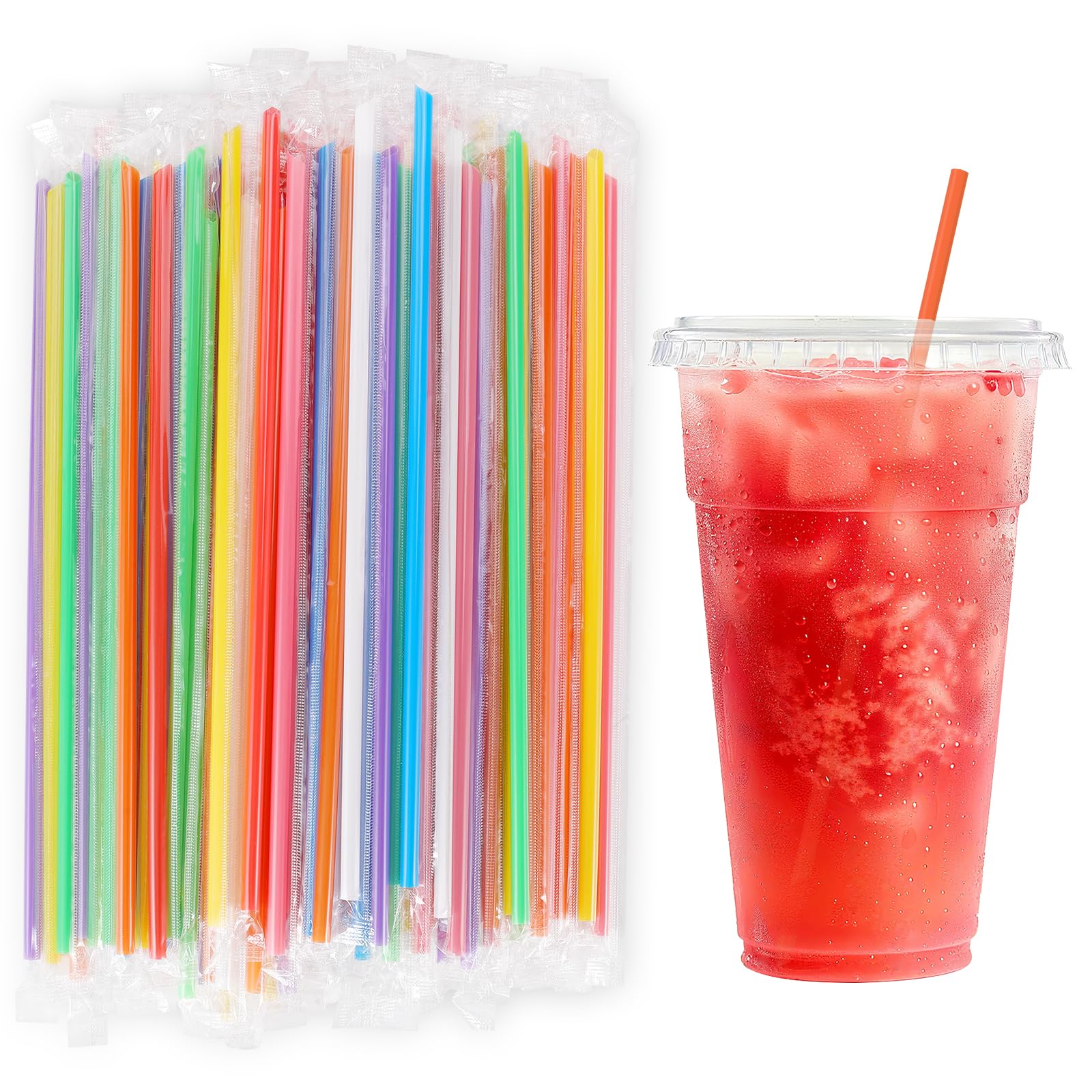 View 1 of [Individually Wrapped] 100 Pcs 10.2" Extra Long Colorful Disposable Plastic Straws - 0.23" Diameter Bulk Drinking Straws for Party Restaurant 32 Oz Cups Tumblers Coffee Juice