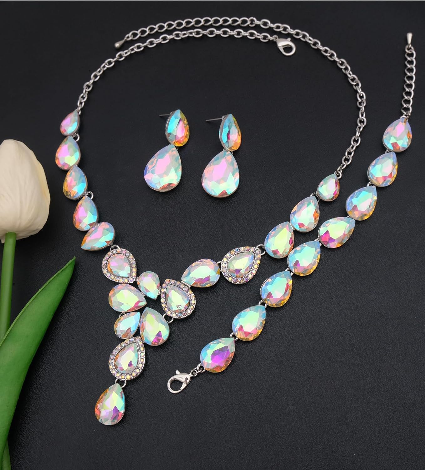 Women's Wedding Bridal Crystal Statement Necklace Dangle Earrings Bracelets Jewelry Set for Women Brides Bridesmaids Wedding Prom Party Costume Accessories - Image 3