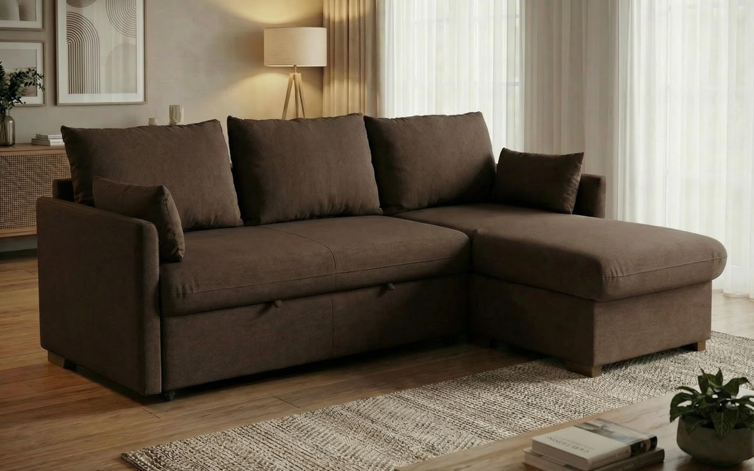 BUDWING Orlando Ecksofa Schlafsofa 3-Sitzer – Wendbare Chaiselongue mit Stauraum – Zeitgenössischer Stil, wasserabweisender, fleckenresistenter Stoff – 221x160,5x88 cm – Braun