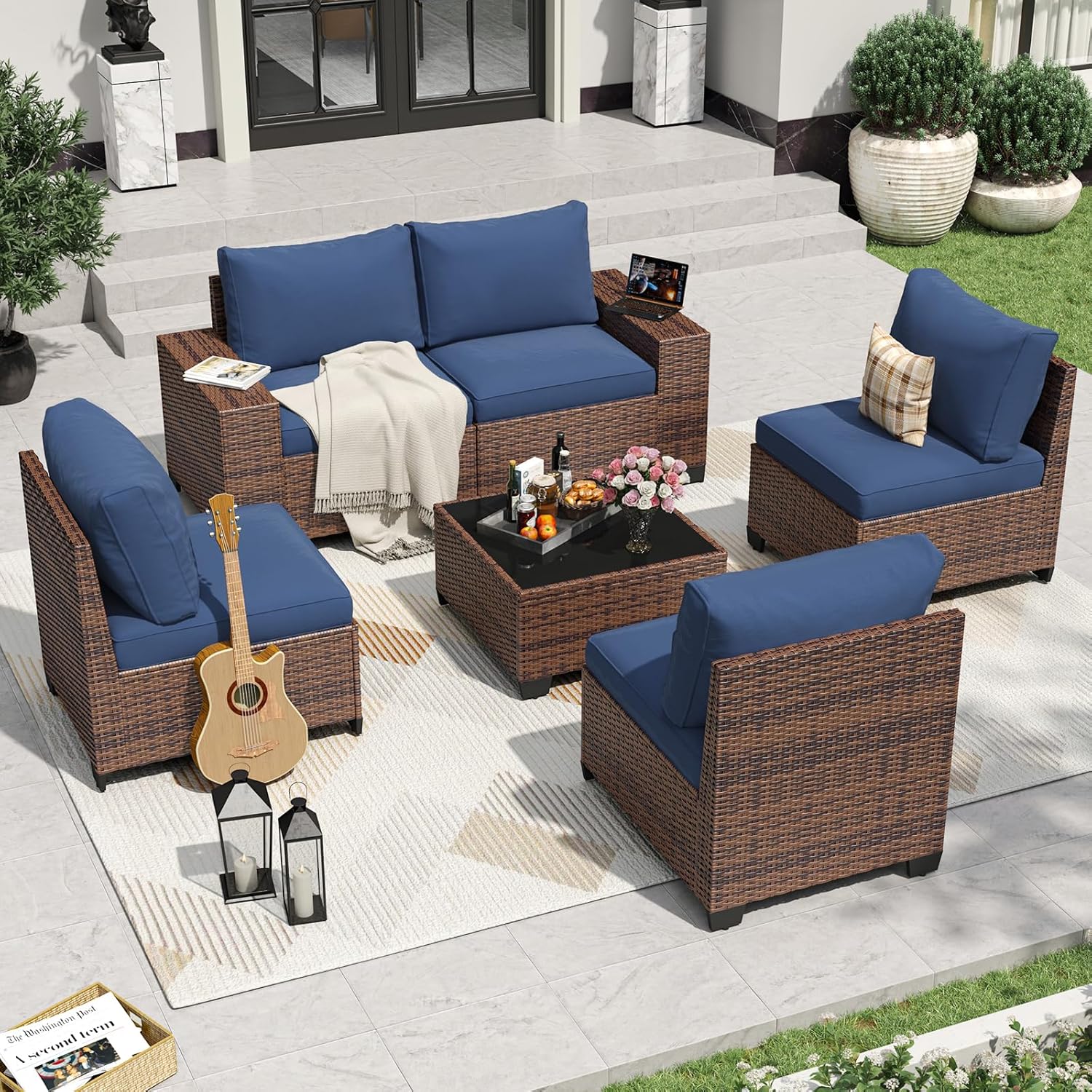 Aoxun 6 Piece Outdoor Patio Furniture Set 5 Seats, Blue