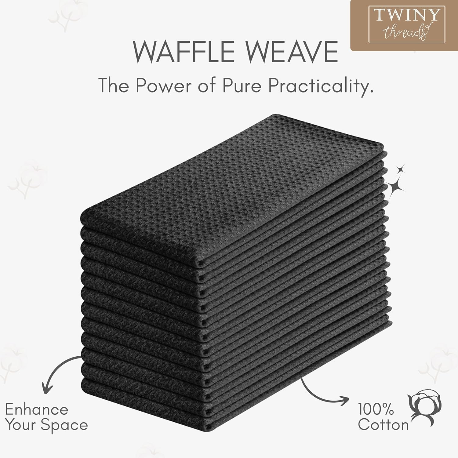 TWINY threads Kitchen Towel Waffle Weave, 12 Pack, 16x26 Inch, Premium Cotton Dish Rags, Absorbent Quick Drying Linen Set for Home, Restaurant Kitchens, Reusable Wash Cloths for Drying Dishes, Black