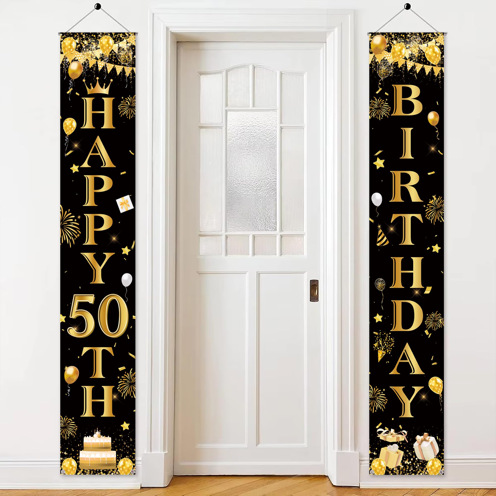 50th Birthday Decorations Banner Men - Black Gold Birthday Party Door Porch Sign, Happy Years Old Door Banners for Party Decoration Supplies