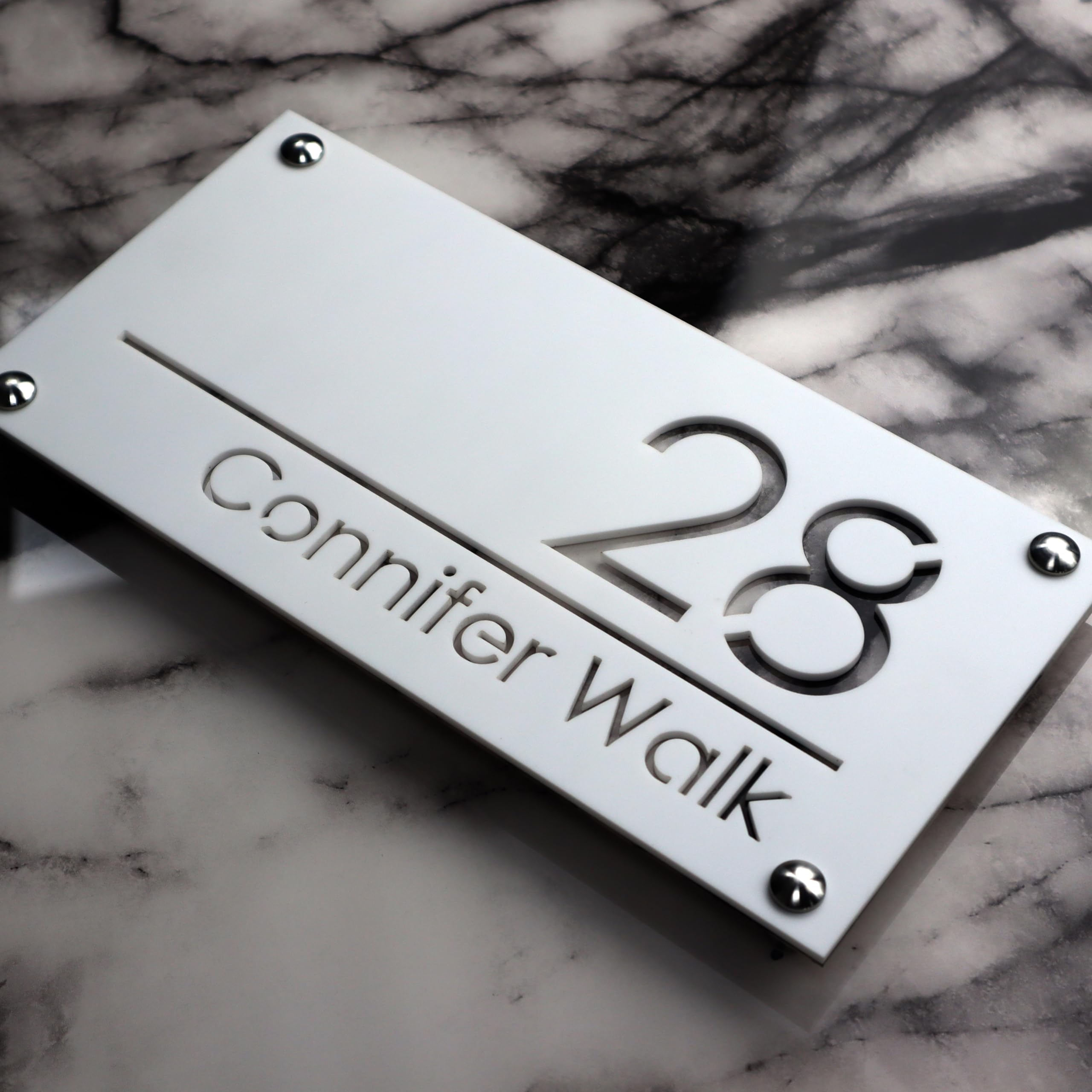 K SMART SIGN | LUXE H1 | House sign door number laser personalised address wall plaques numbers Signs (Matt White & White Marble)