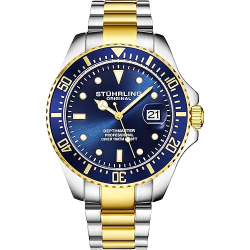 Stuhrling Original Men's Watches Pro Dive Watch Sports Watch with 42 MM Case Blue Dial Stainless Steel Silver Bracelet Diving Watch for Men