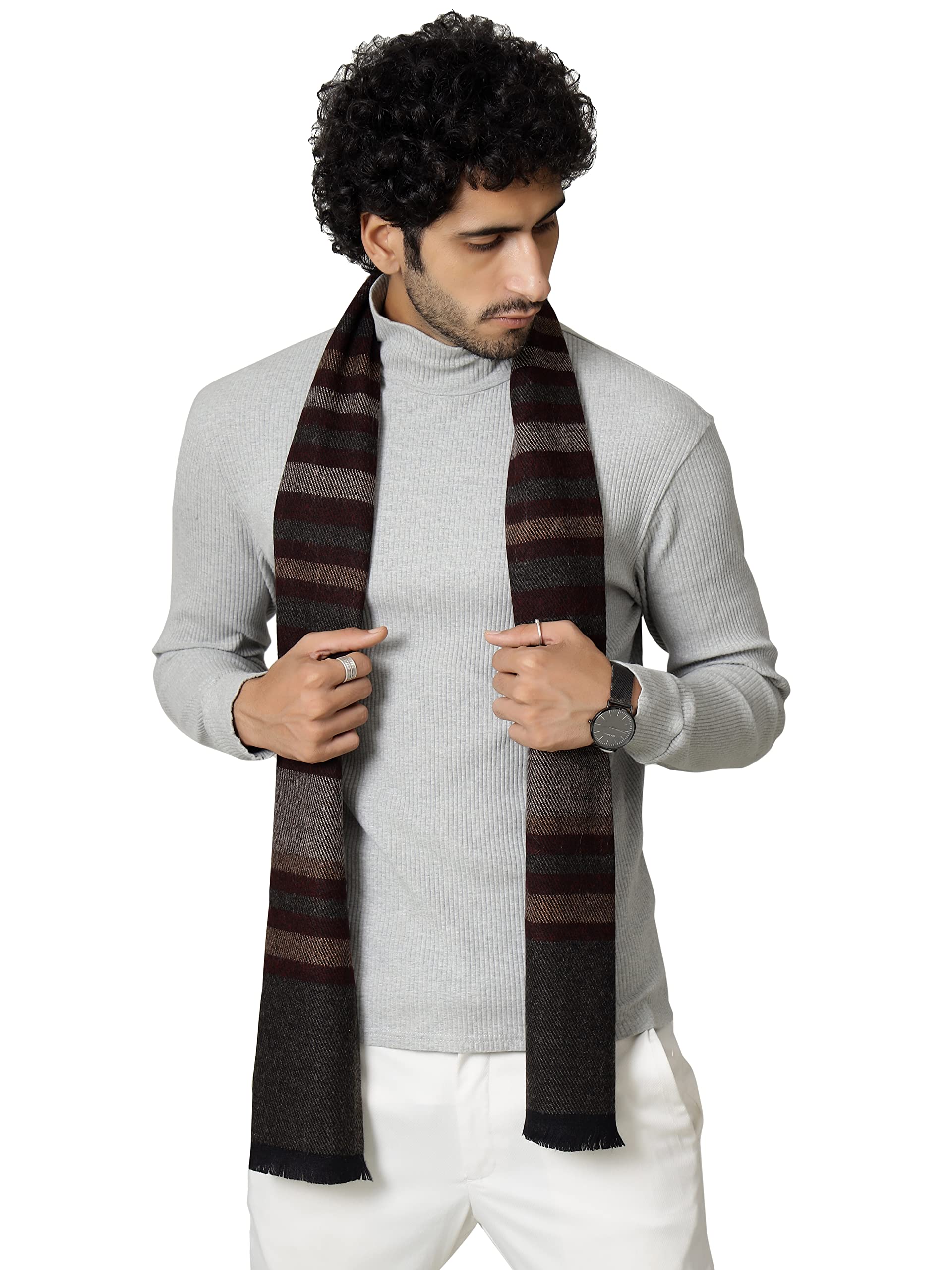 Ravaiyaa - Attitude is everything 100% Pure Wool Muffler For Men's Classic Striped Pattern Scarf Soft & Warm Woolen Muffler (Dark Brown)-image-20