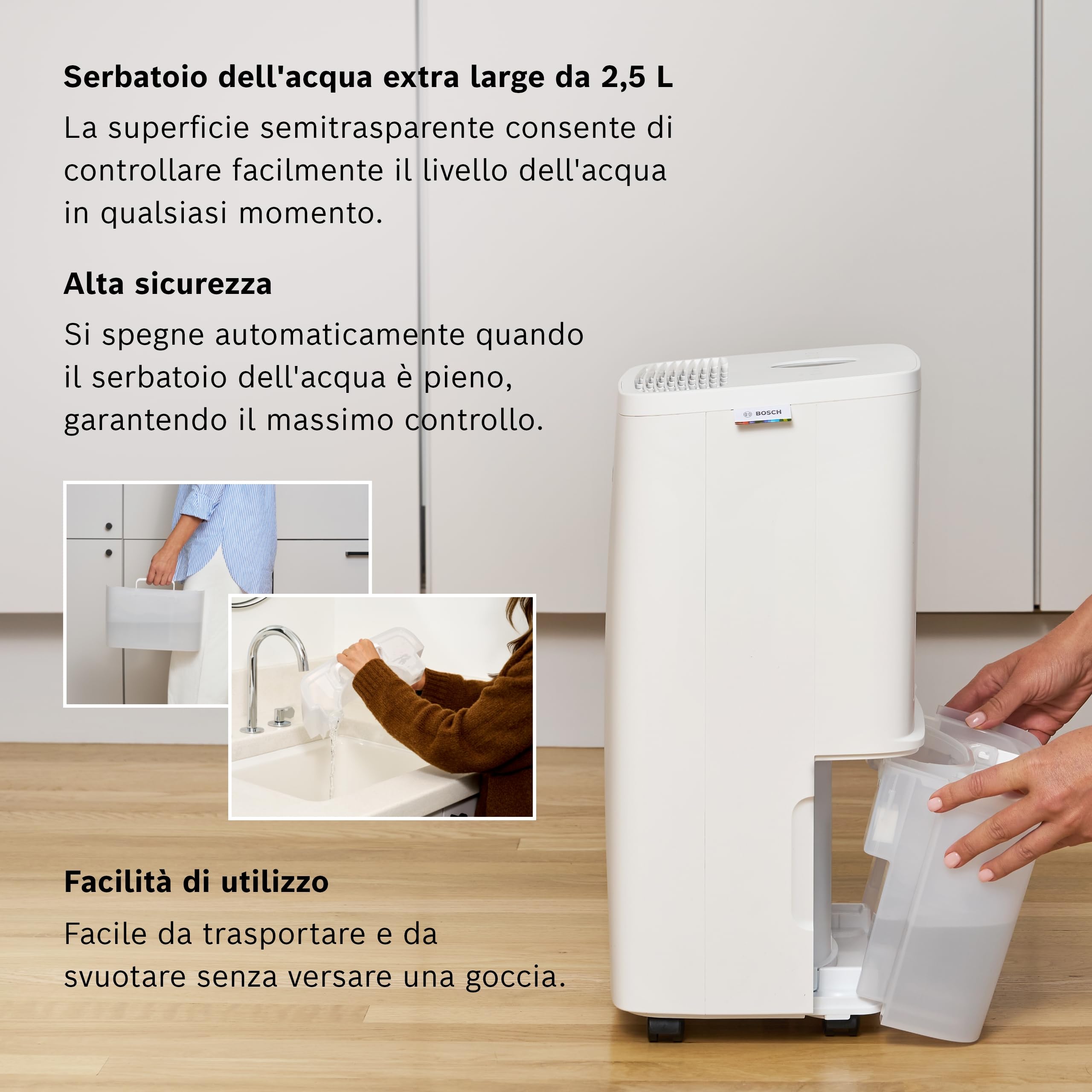 Bosch Dry 1000 - Deumidificatore - Facile. Efficiente. Tranquillo. Per la tua casa e la tua camera da letto - Per Stanze fino a 17 m² - Asciugatura rapida per il tuo bucato