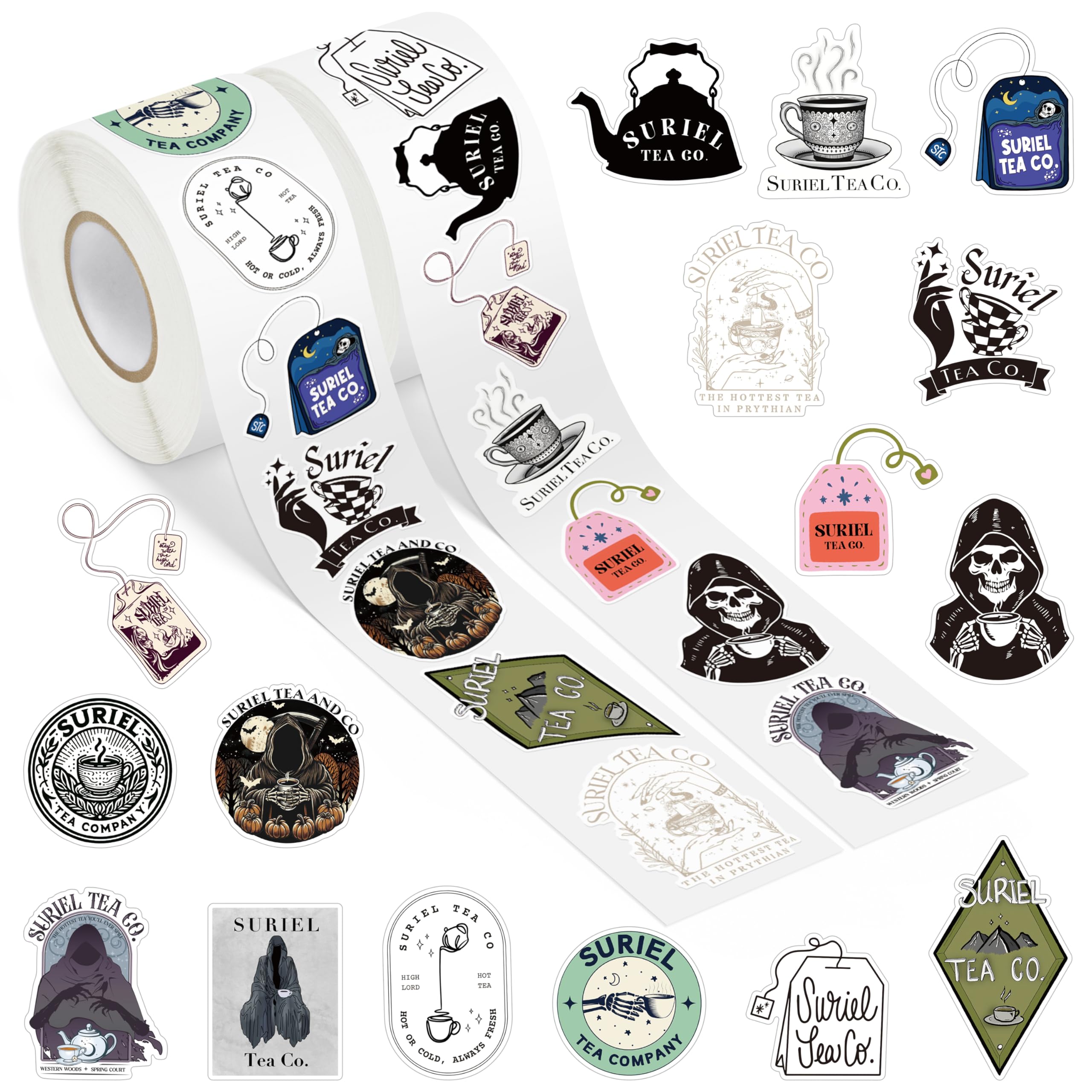 BHronony Suriel Tea Co Stickers - 2 Rolls 1000pcs Tea Company Roll Stickers for Bookish Romantic Fantasy Book Lover Gift, Funny Teacup Skeleton Vinyl