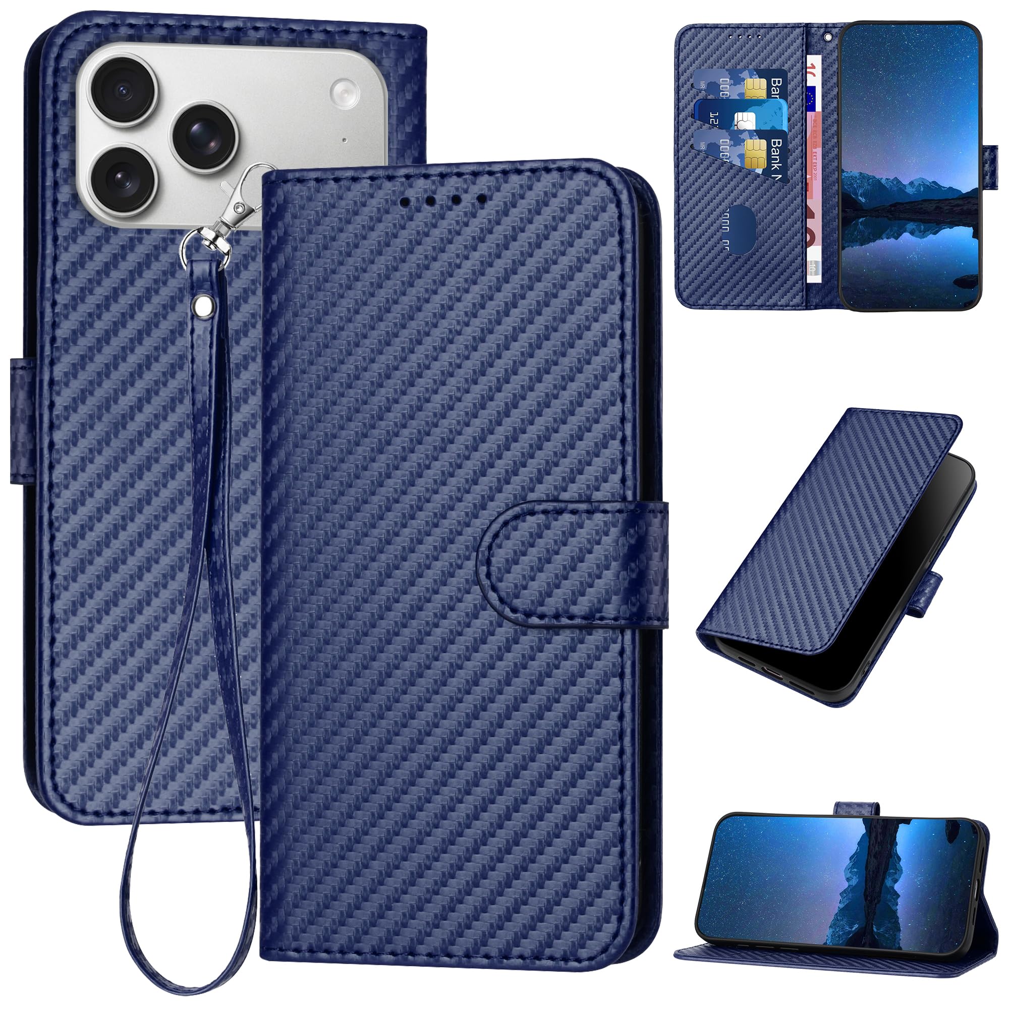 Gedurya iPhone 17 Pro Max 用 ケース 手帳型 いphone 17 pro max スマホケース アイフォン17プロマックス 手帳型ケース iPhone 17プロマックス 携帯カバー 炭素繊維ブレイドスタイル 肌触り良い 指紋防止 マグネット開閉式 スタンド機能 全面保護 財布型 軽量 - ブルー