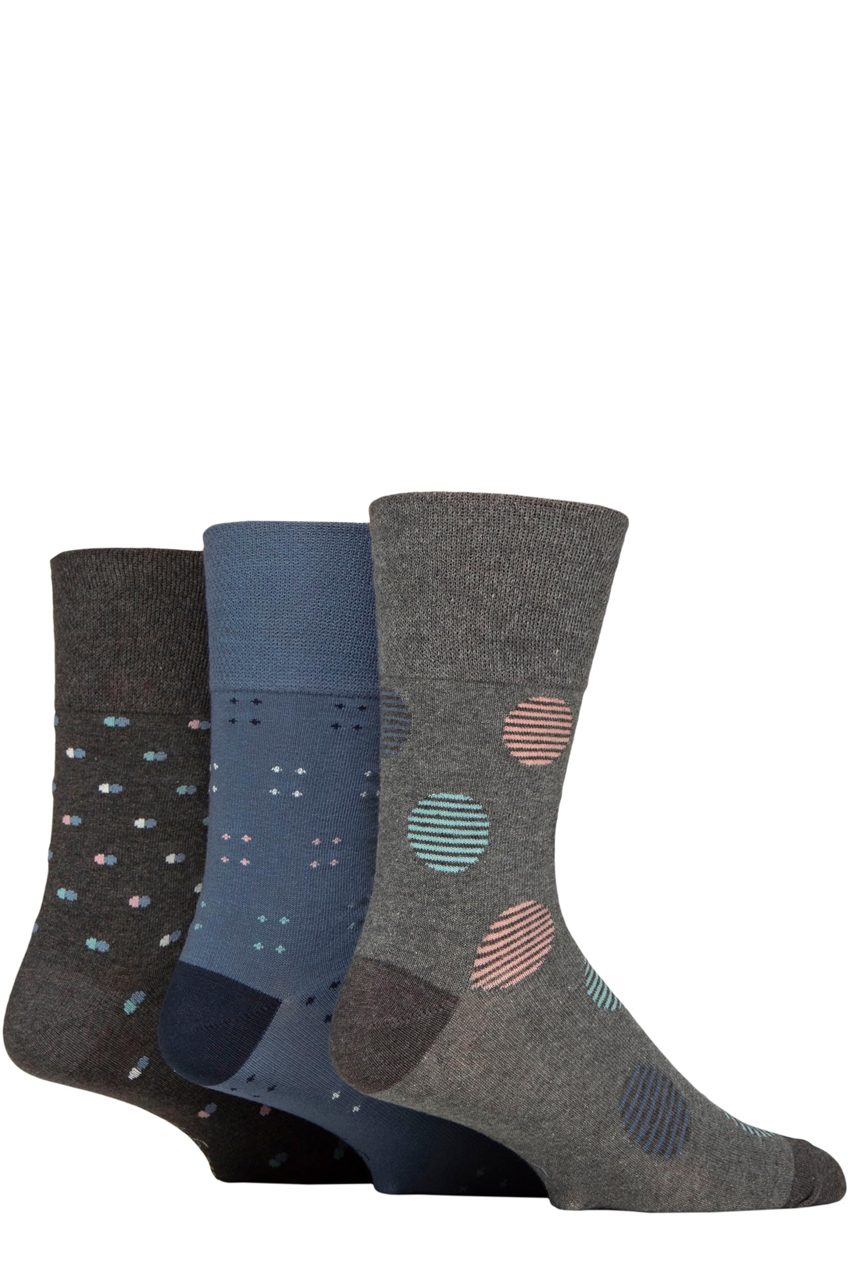 SockShop Gentle Grip Mens Patterned Socks Argyle Striped Spotty Geometric Design, Casual Everyday Wear, Honeycomb Top Comfort Cuff, Pack of 3 - Cosmic Neutral Grey/Charcoal/Blue 6-11