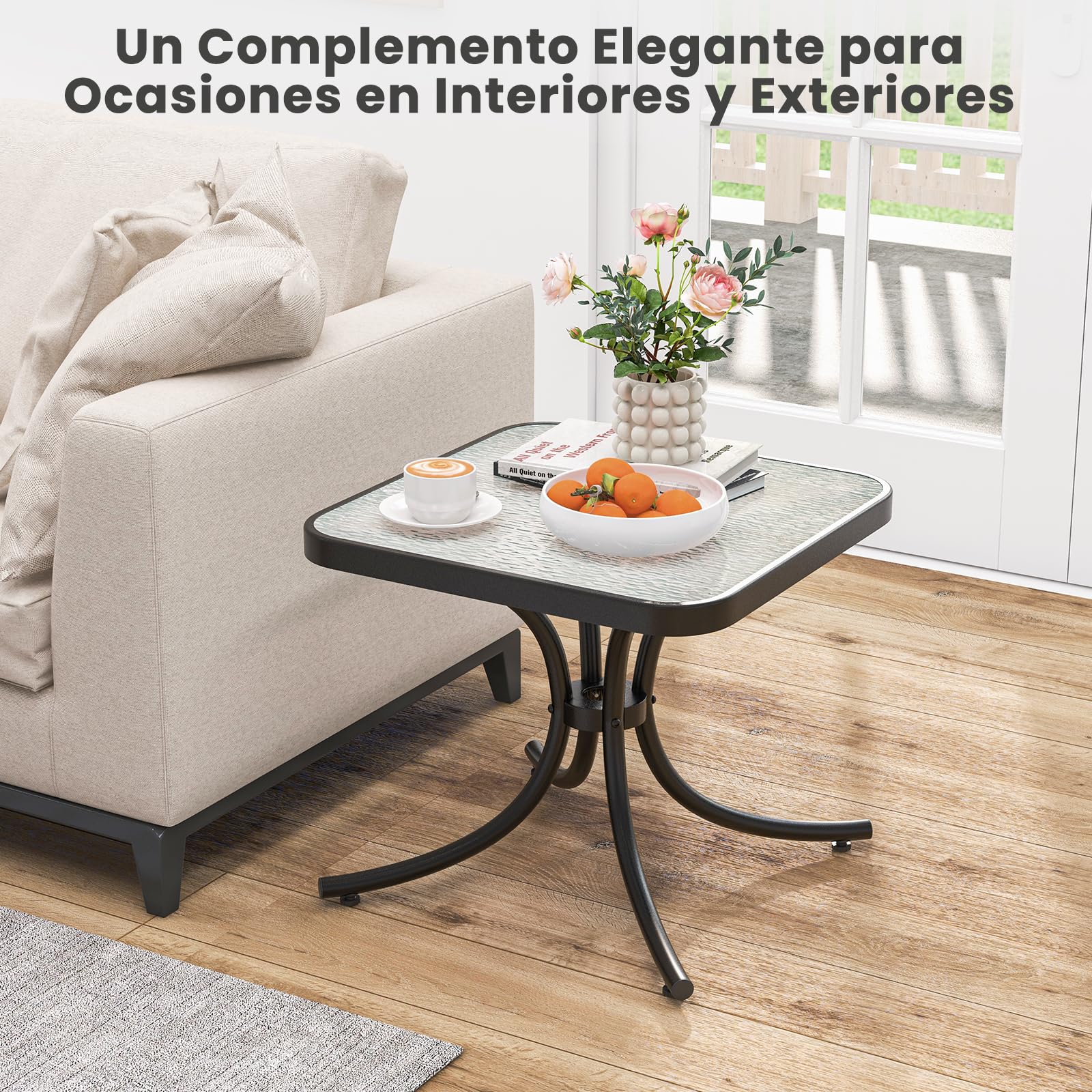 GIANTEX Mesa de Jardín 50 x 50 x 45 cm, Mesa Cuadrada con Tablero de Cristal Templado, Estructura Metálica Resistente, Mesa de Café para Jardín, Balcón, Piscina, Color Negro