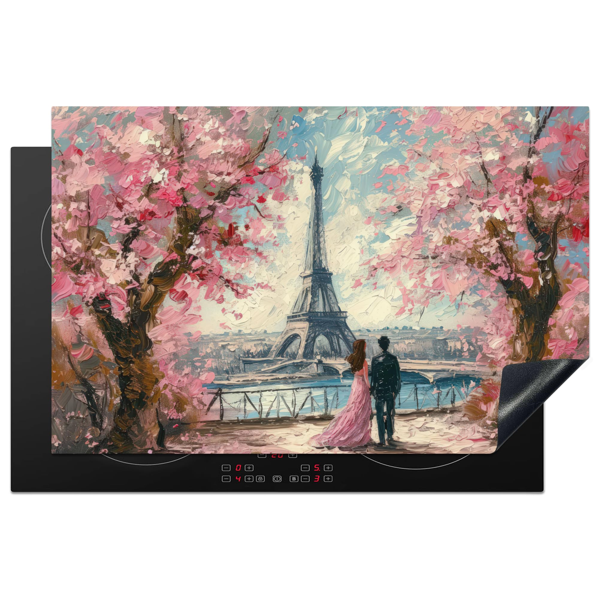 KitchenYeah© Induction Hob Protector Mat 20.5"x31.9" / 81x52 cm Cooker Top Protectors Cover Ceramic Covers Electric Hobs Vinyl Eiffel Tower - Couple - Pink - Romantic - Trees - Paris