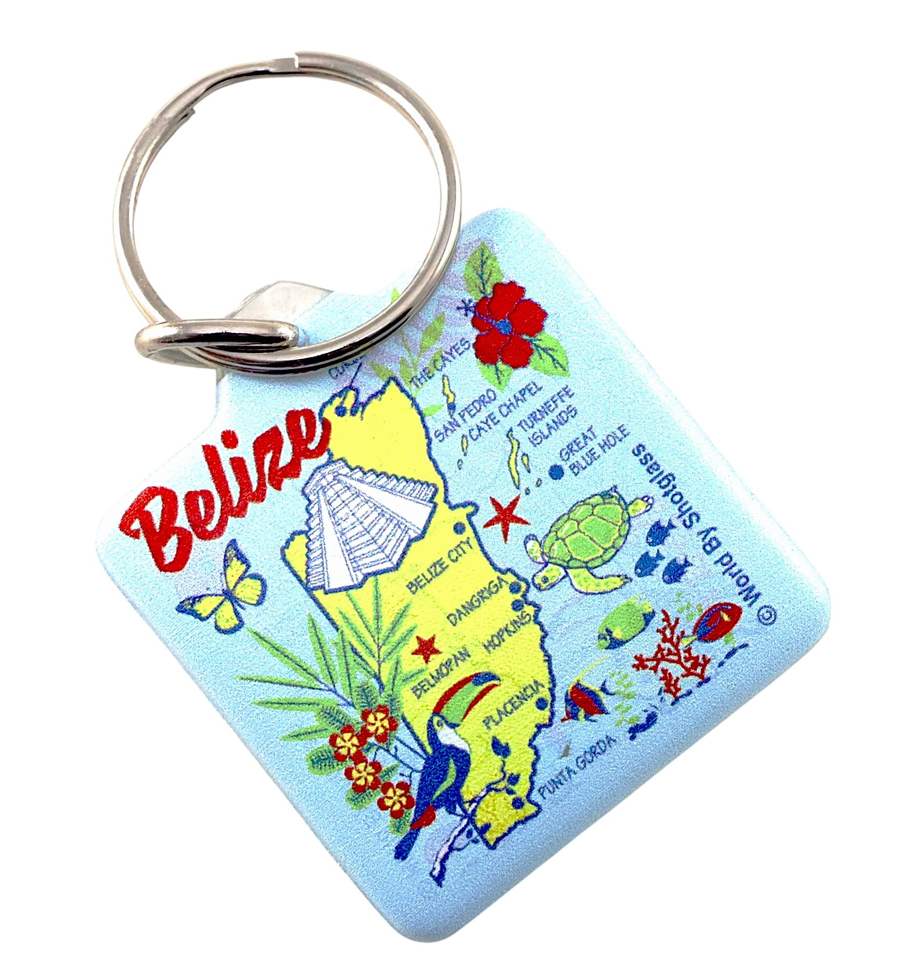 World By Shotglass Belize Map Acrylic Rectangular Souvenir Keychain 2.5" X 1.5"