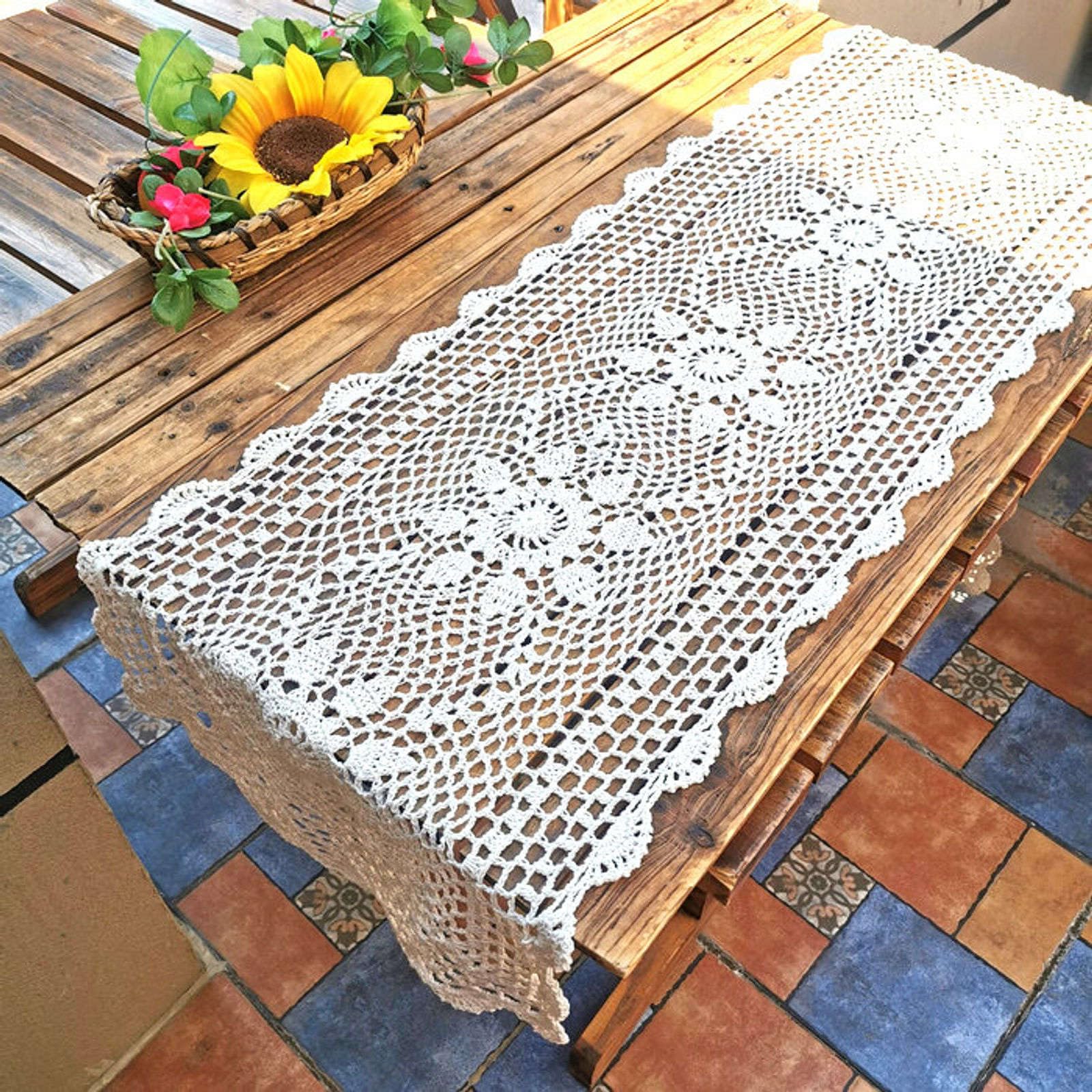 Chemin de table tissé main coton blanc dentelle creuse 35x200cm